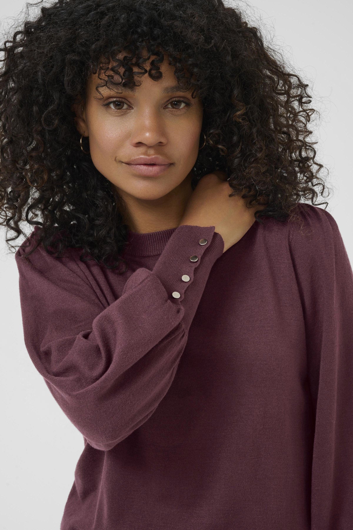 Lizza Round Neck Knit Jumper with Button Detail - Windsor Wine - Image 2