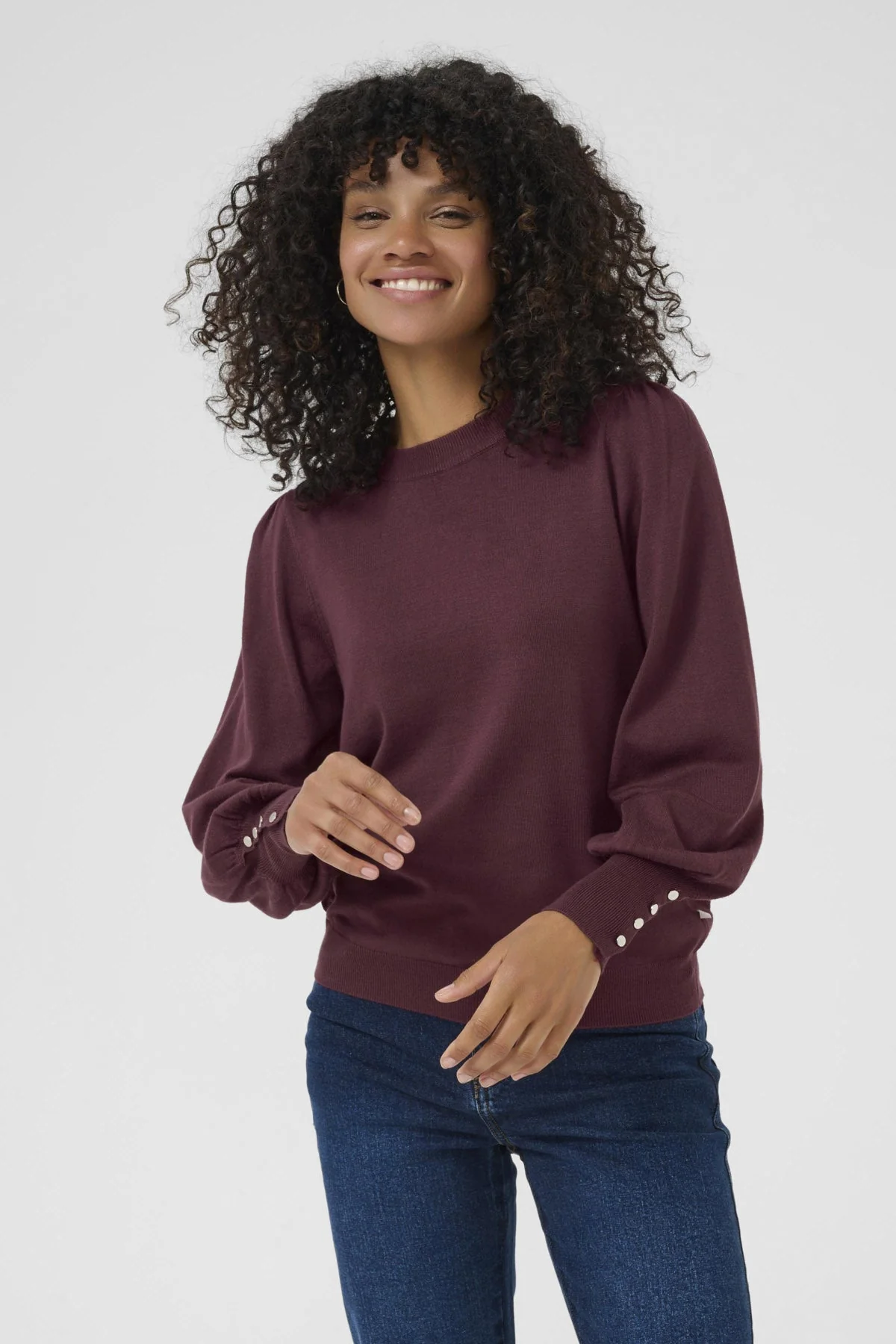 Lizza Round Neck Knit Jumper with Button Detail - Windsor Wine - Image 3