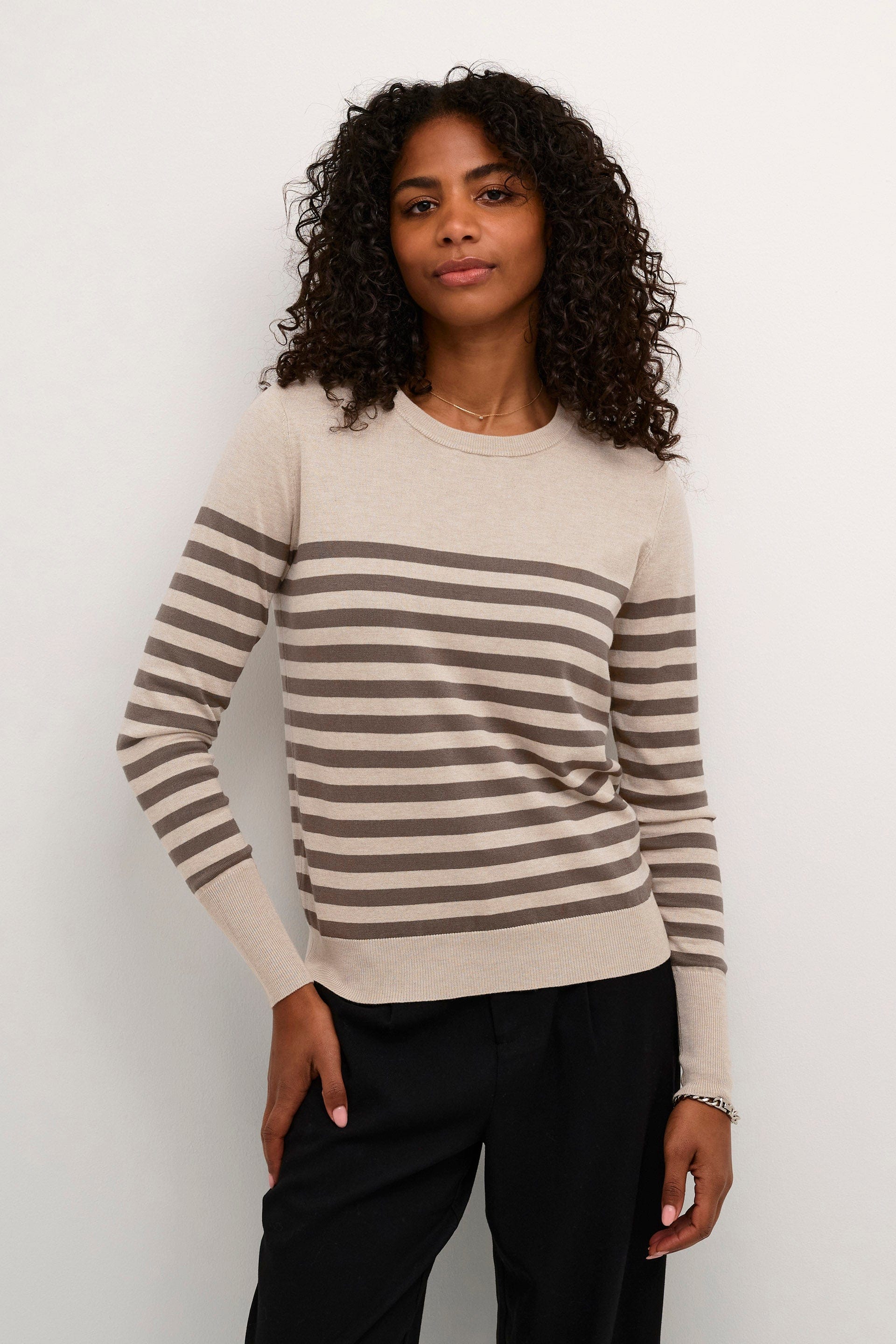 Lizza Striped Knit Lightweight Jumper - Feather Gray/ Brown Stripe - Image 2