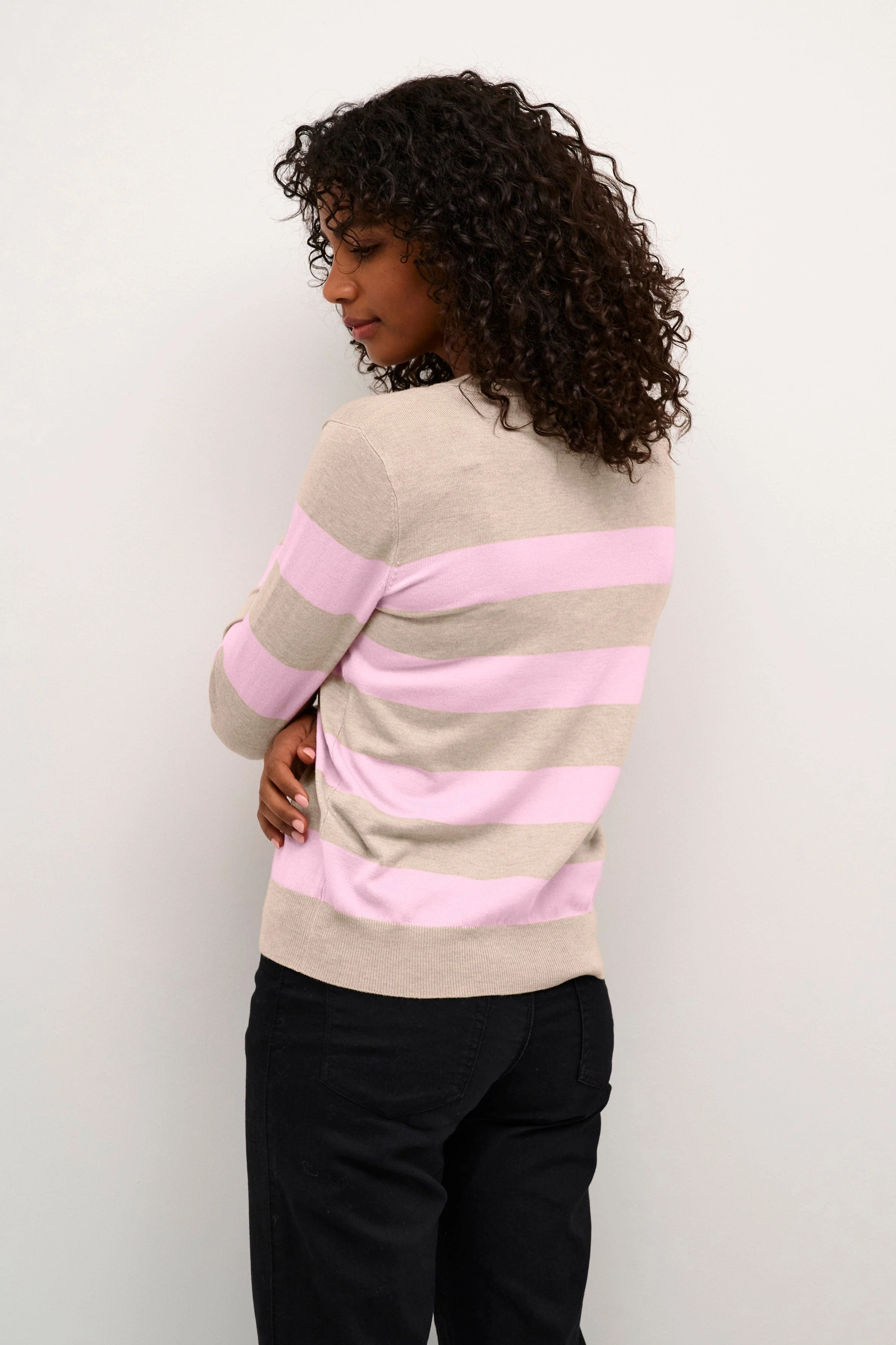 Lizza Striped Knit Lightweight Jumper- Feather Gray/Mesarose Stripe - Image 3