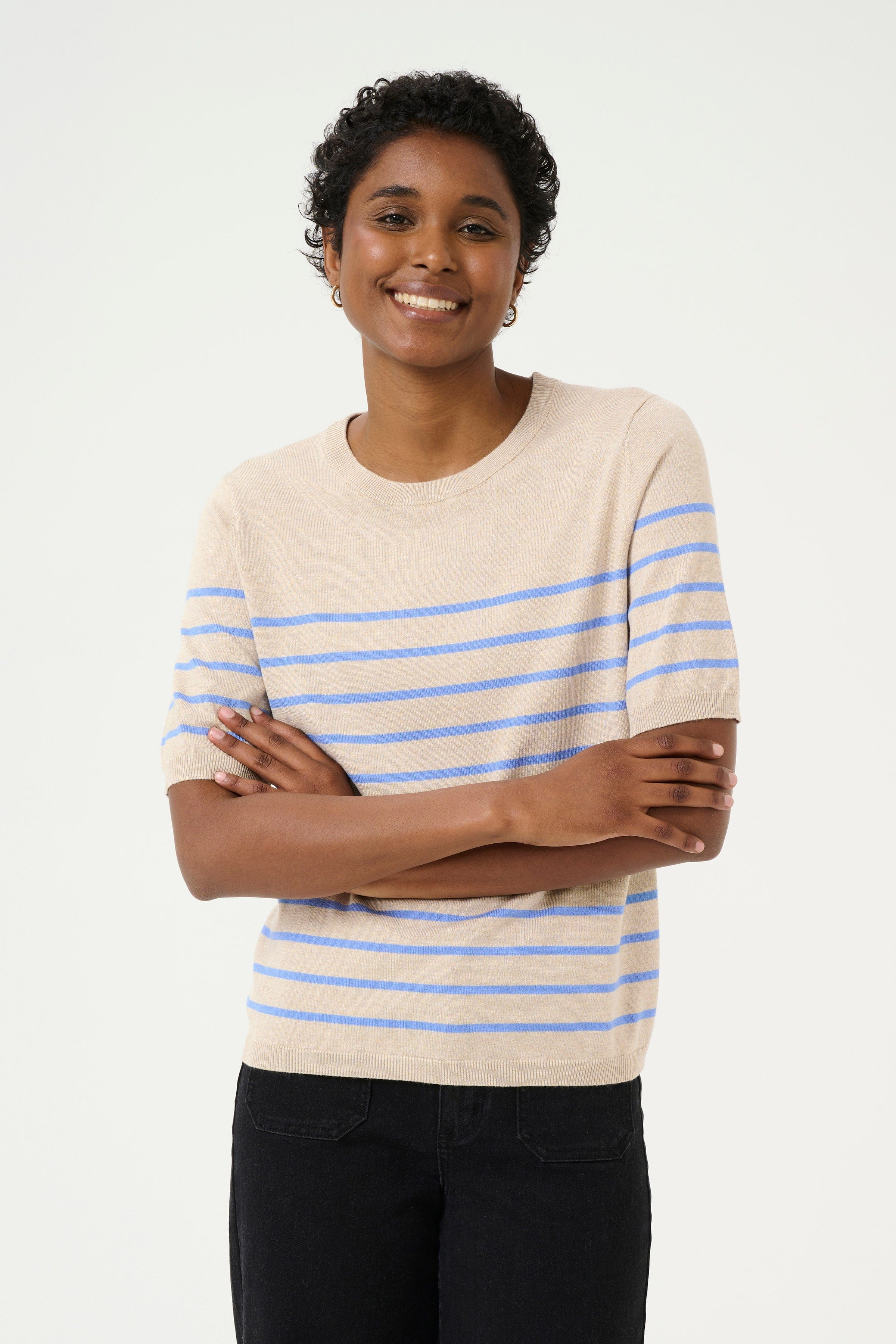 Lizza Striped Short Sleeve Knit Jumper - Feather Gray Melange/Blue - Image 2