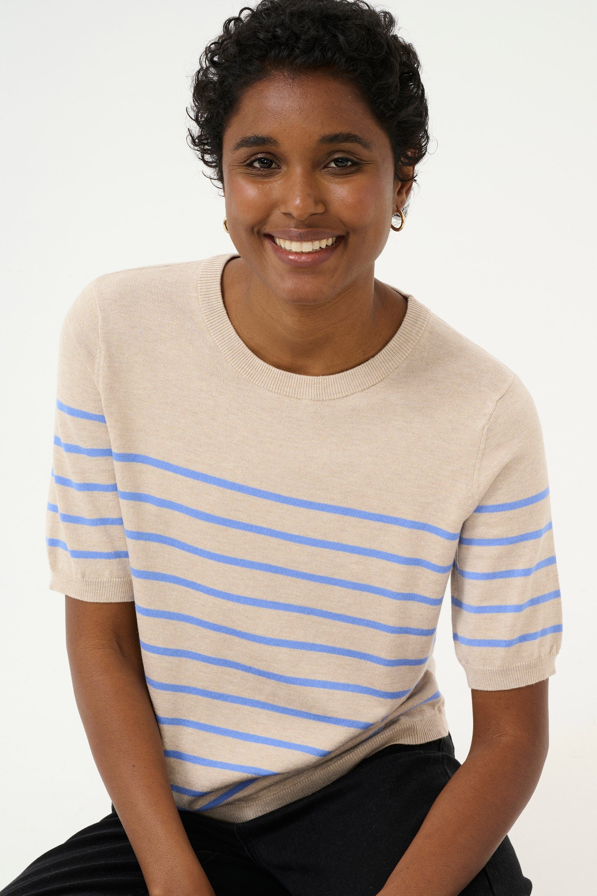 Lizza Striped Short Sleeve Knit Jumper - Feather Gray Melange/Blue - Image 4