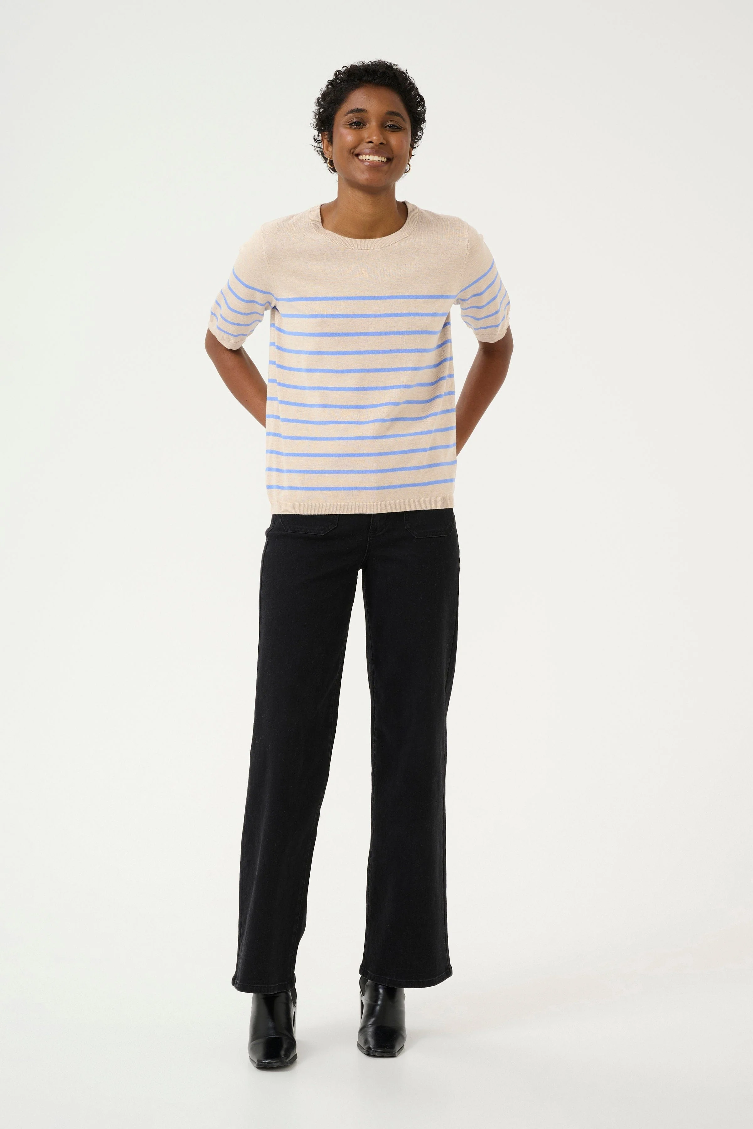 Lizza Striped Short Sleeve Knit Jumper - Feather Gray Melange/Blue - Image 5