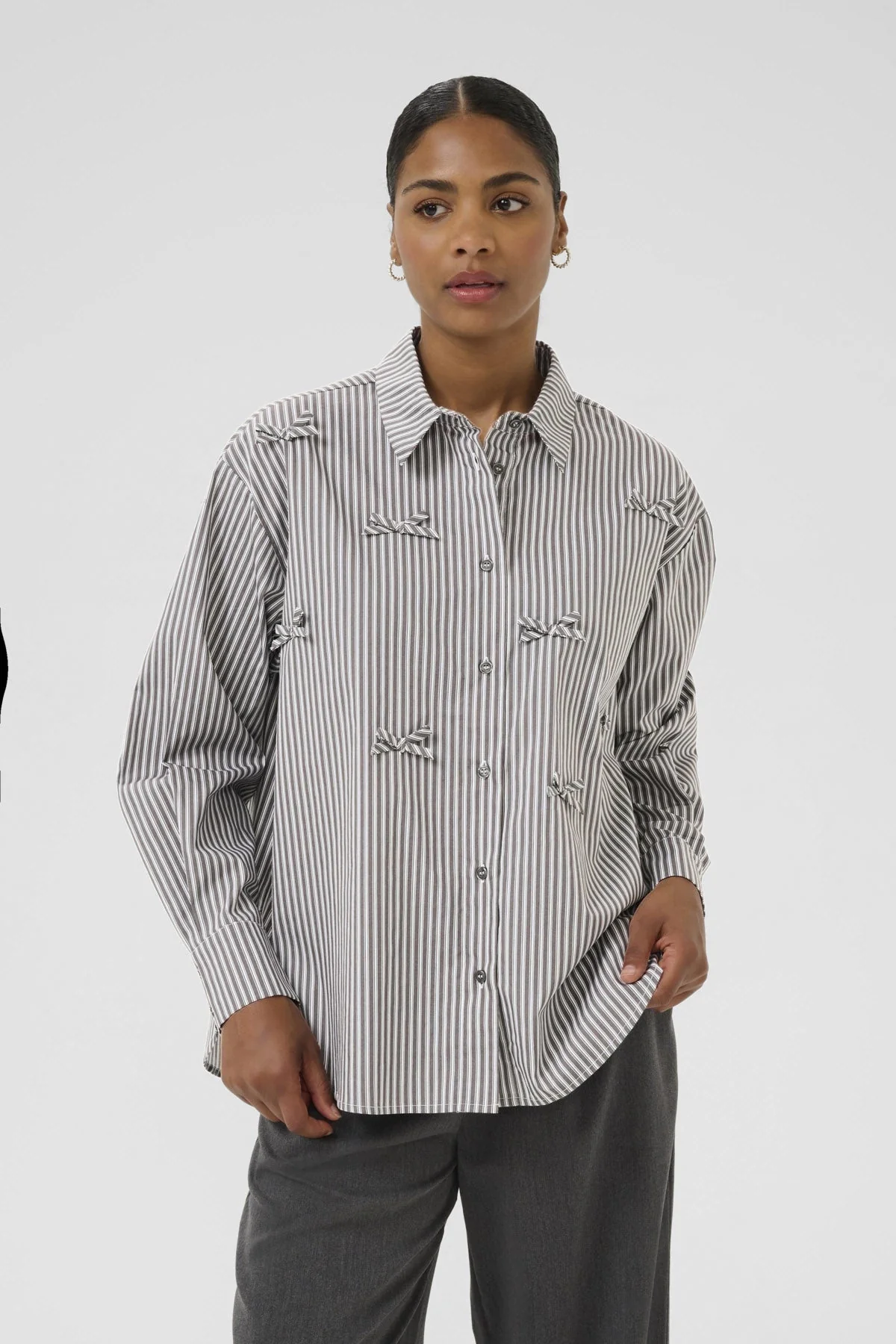 Marianne Stripe Bow Embellished Shirt - Grey/White Stripe - Image 2