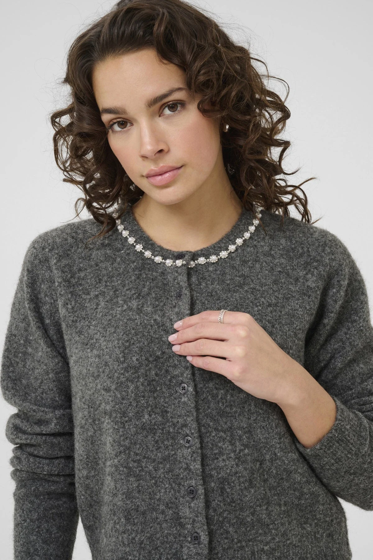Roxy Jewel Embellished Neck Cardigan - Grey Melange - Image 3