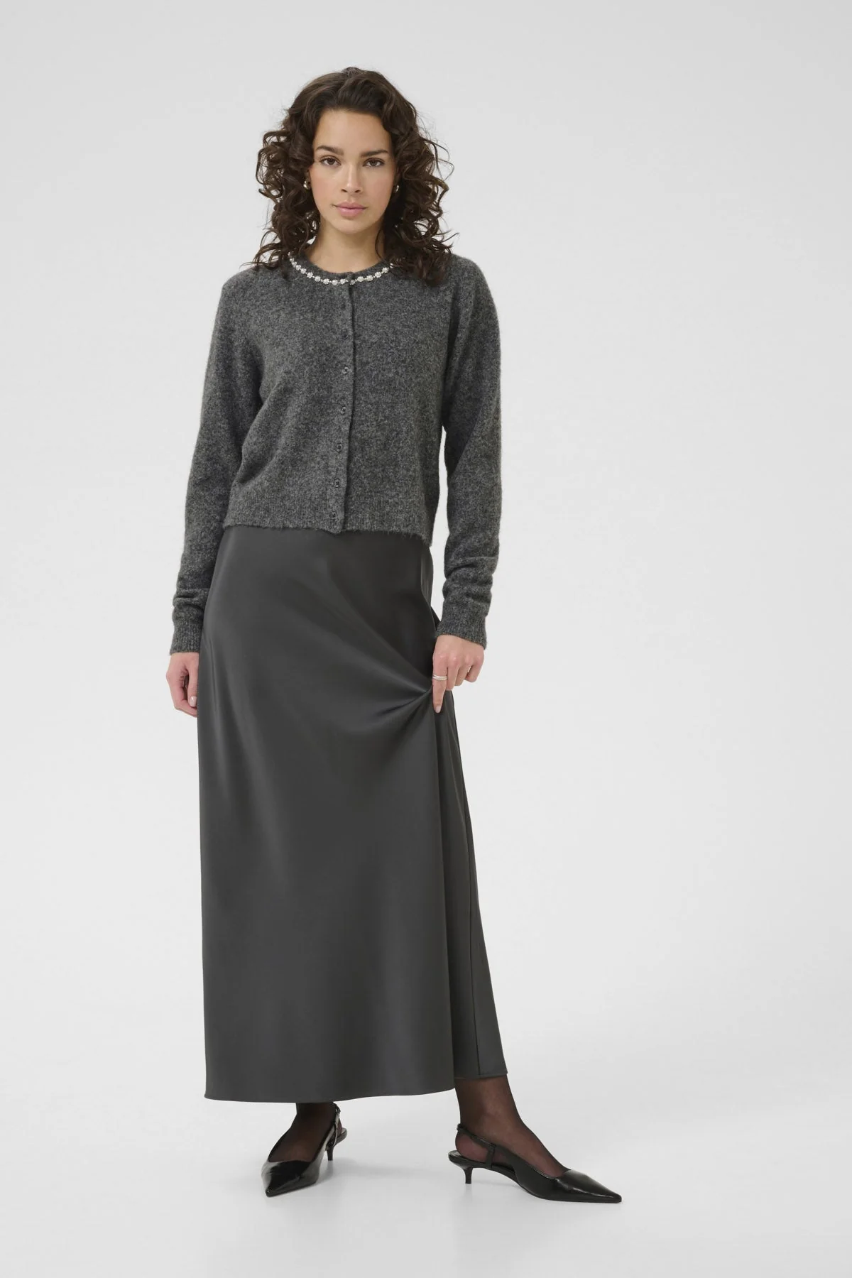 Roxy Jewel Embellished Neck Cardigan - Grey Melange - Image 5