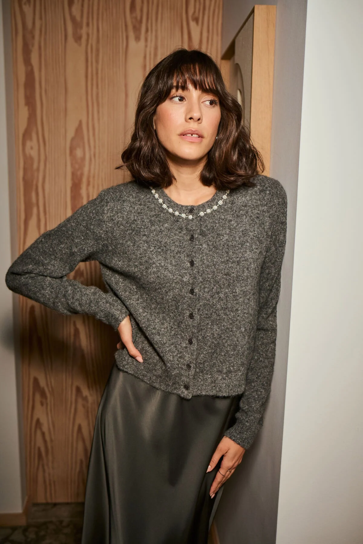 Roxy Jewel Embellished Neck Cardigan - Grey Melange - Image 8