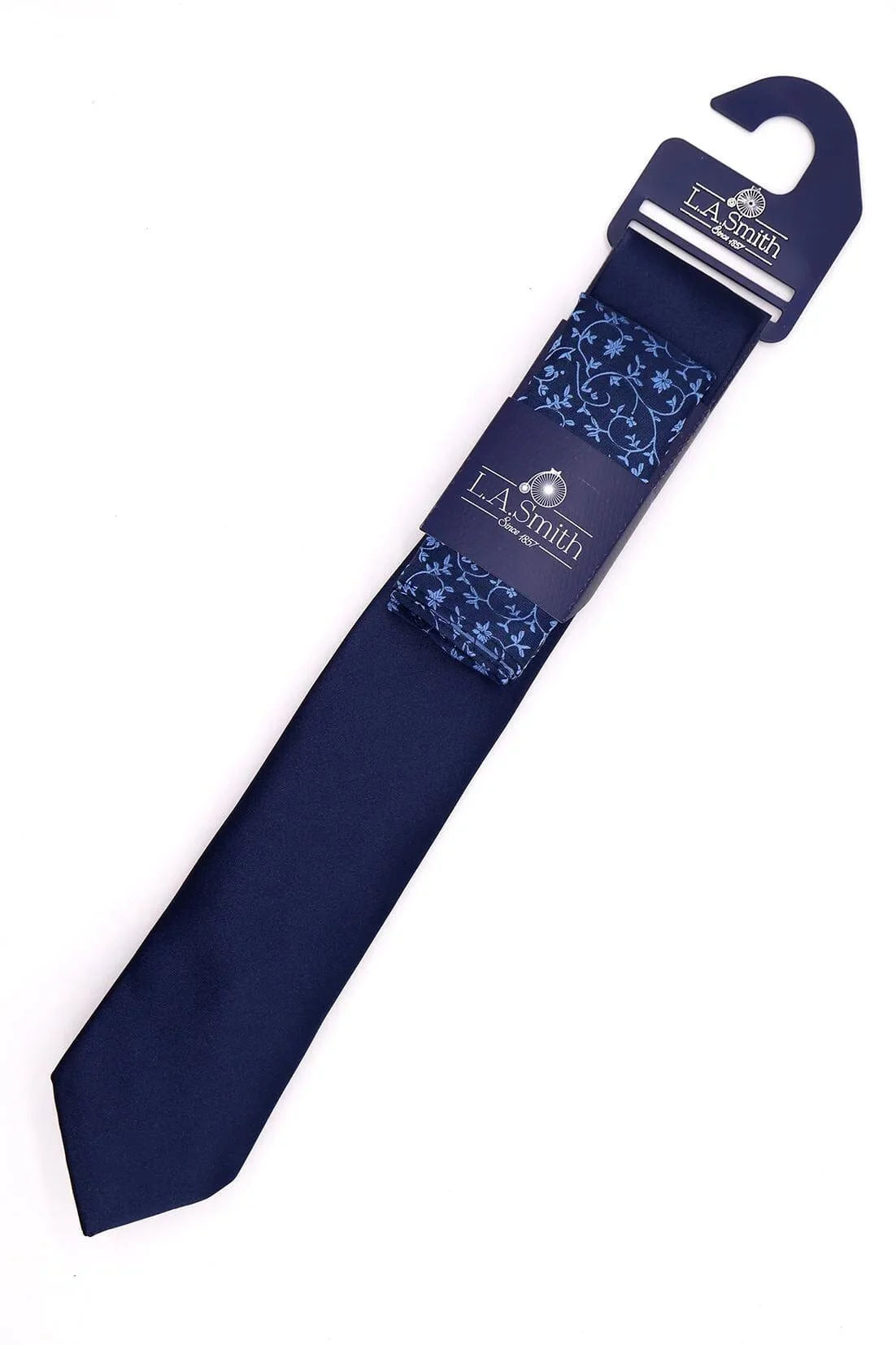 Plain Tie and Floral Pocket Square Set - Navy