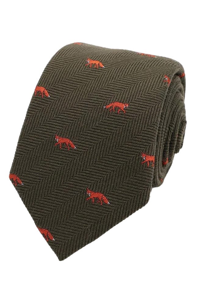Silk Wool Melange Herringbone Fox Tie - Green/Orange