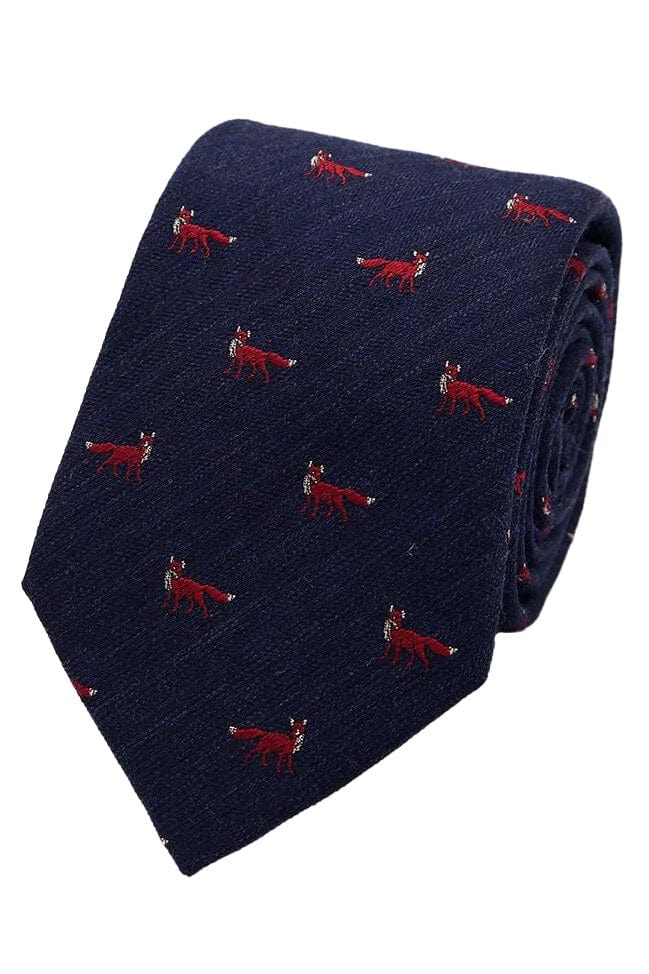 Silk Wool Melange Herringbone Fox Tie - Navy/Red