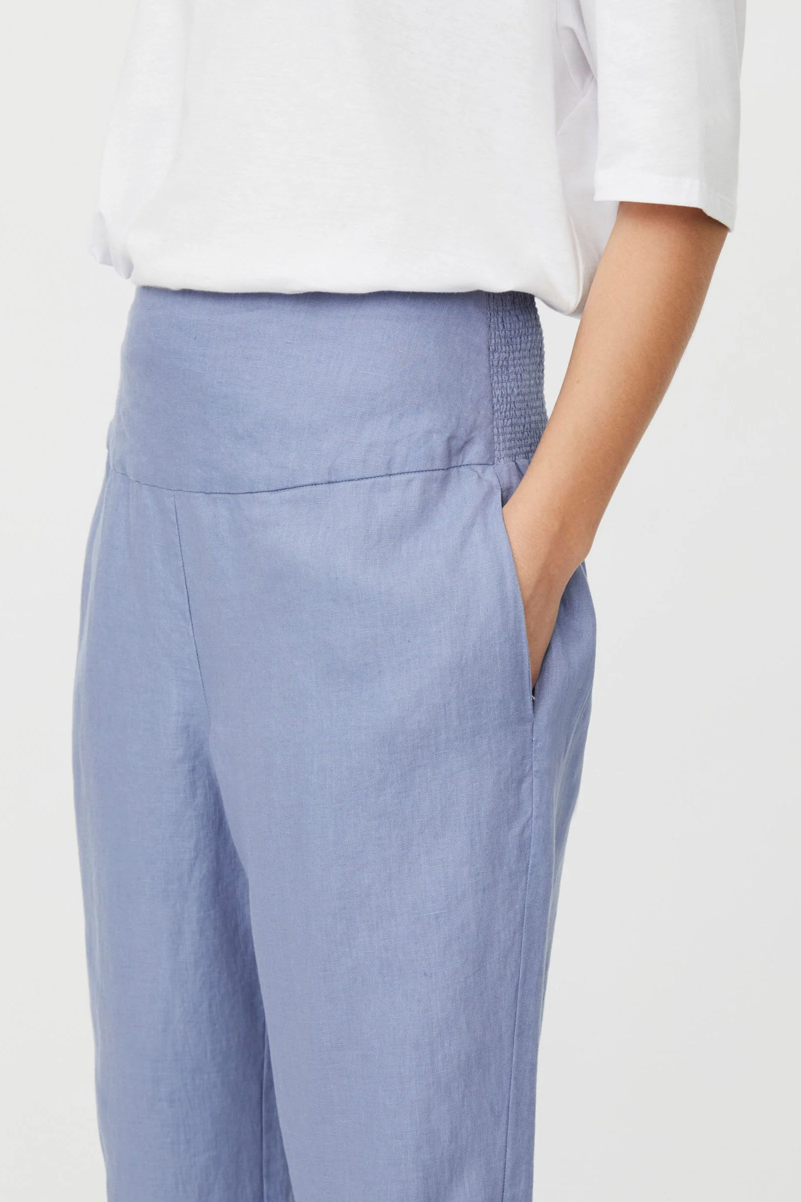 Penna Linen Elastic Waist Cropped Trousers - Stonewash - Image 5