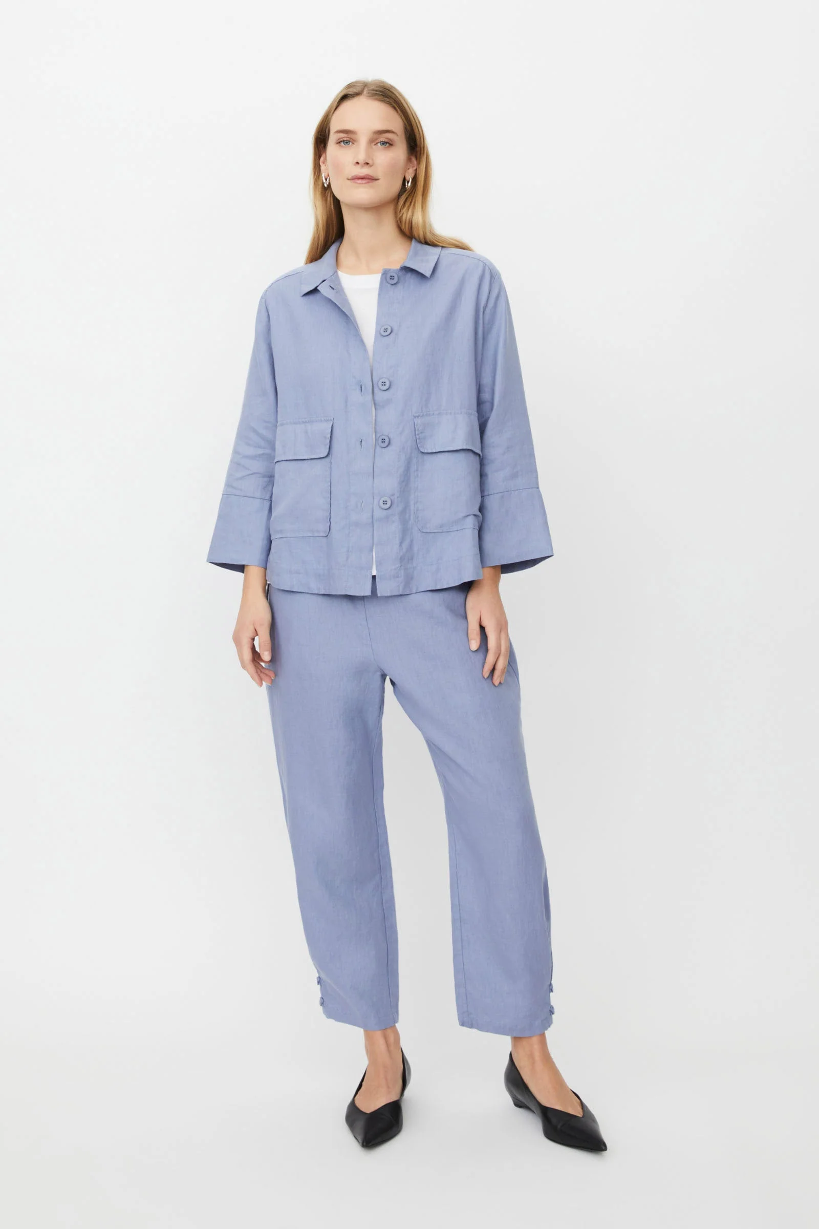 Penna Linen Elastic Waist Cropped Trousers - Stonewash - Image 6