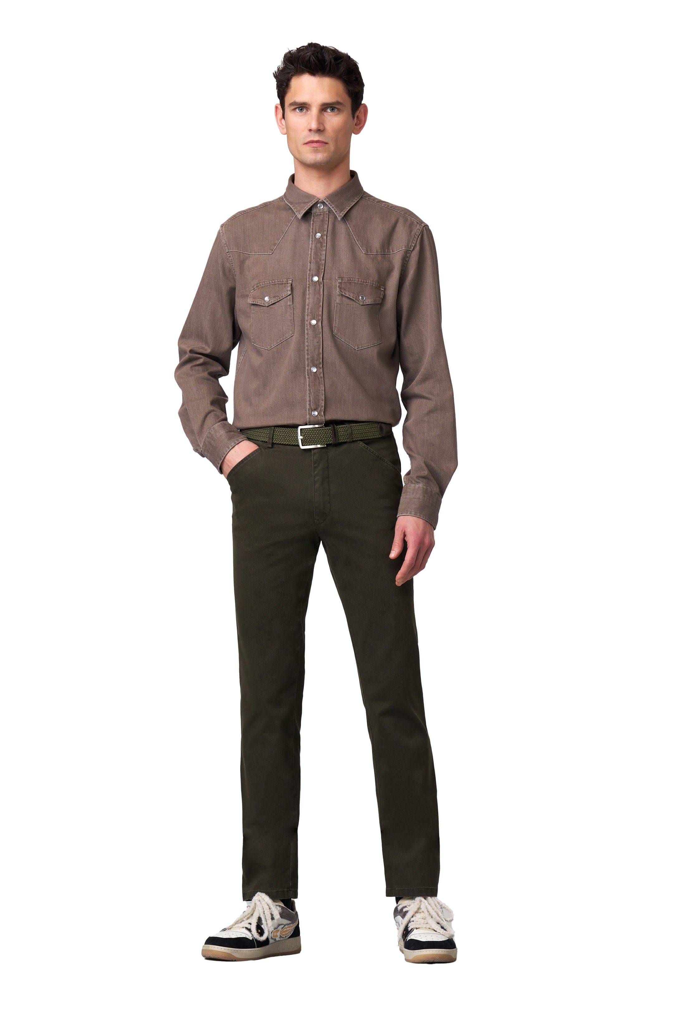 Chicago Micro Texture Cotton Stretch Chinos - Dark Olive - Image 3