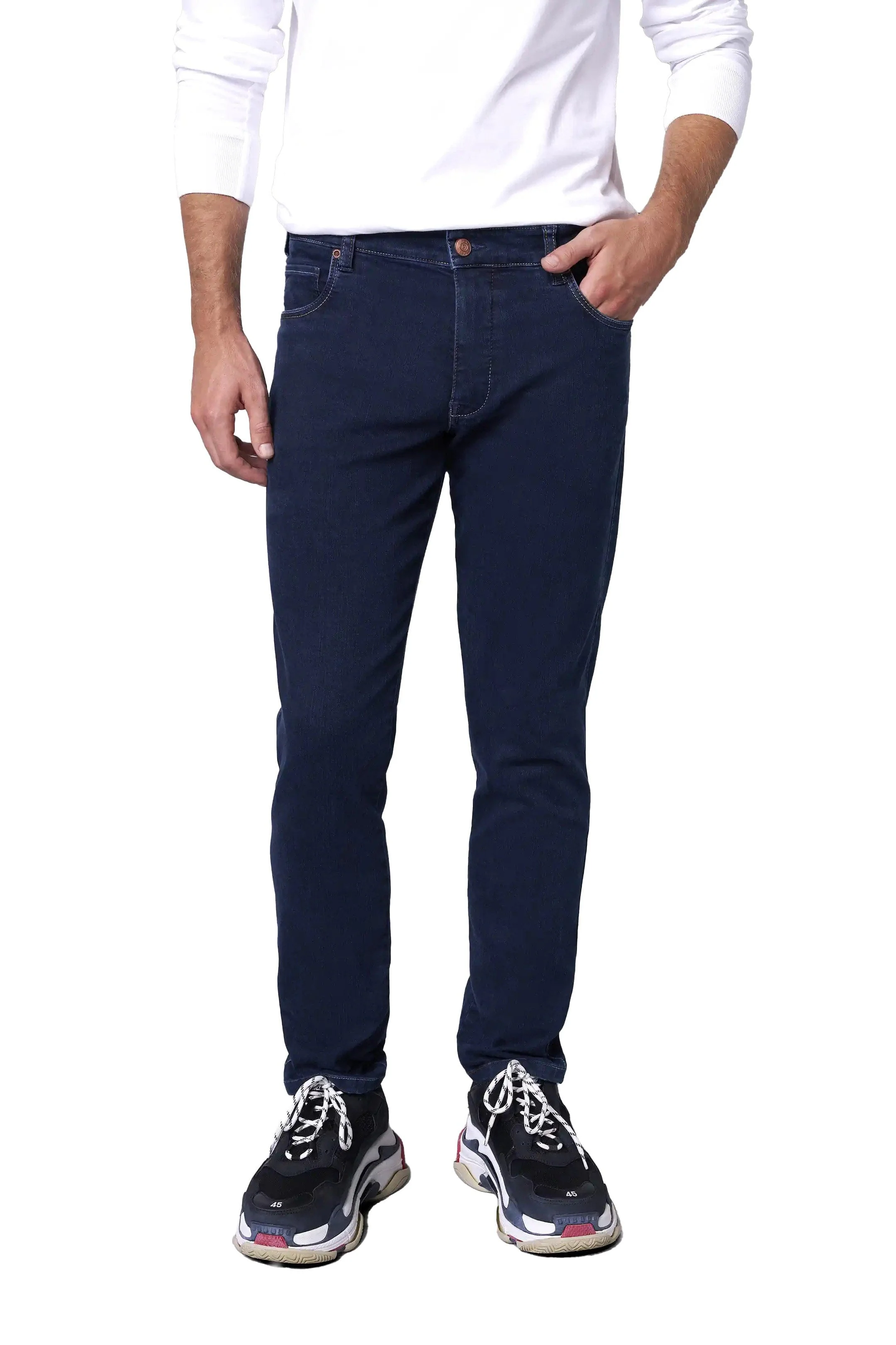 M5 Slim Stretch Rainbow Stitch Denim Jeans - Dark Blue