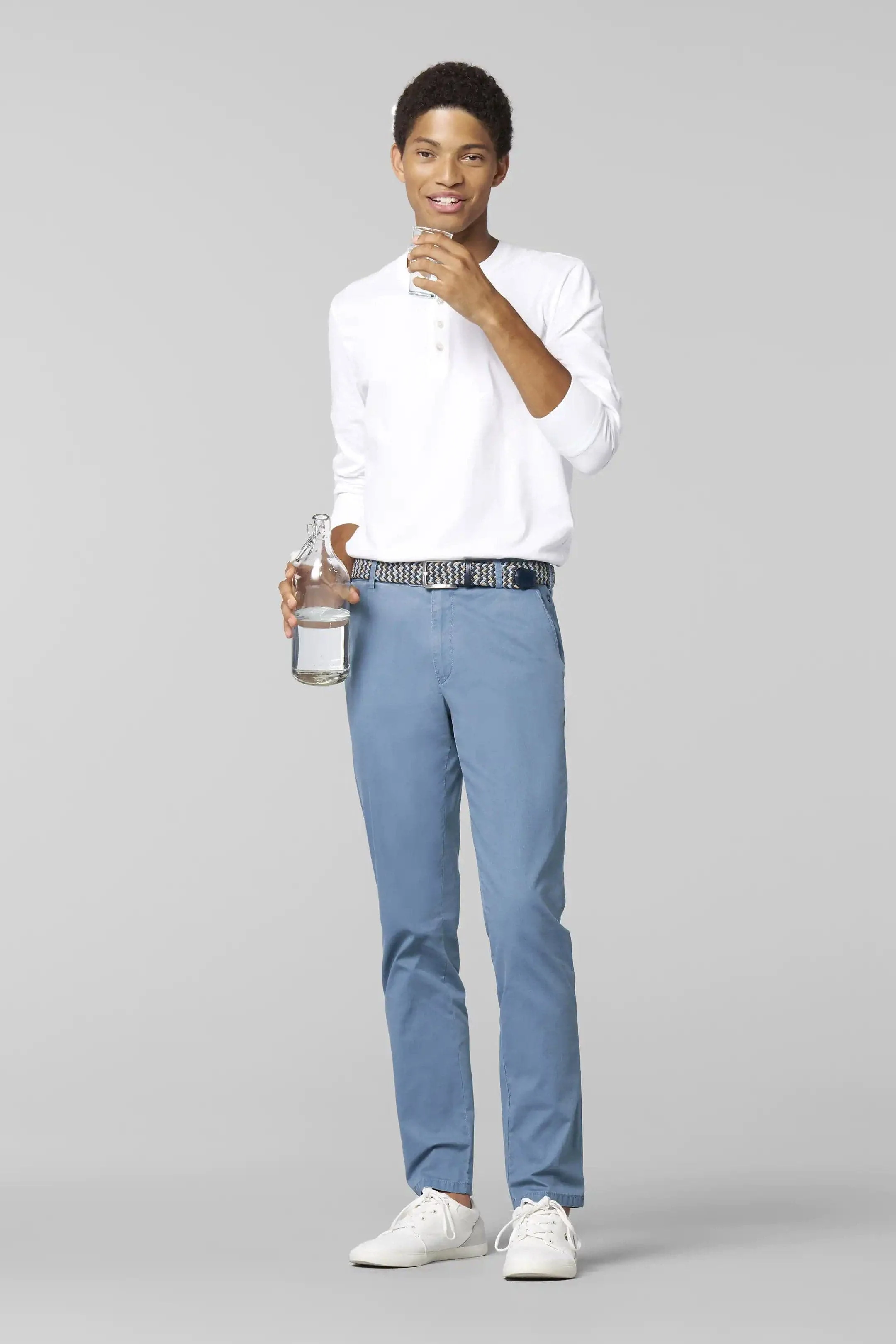 Oslo Stretch Waist Micro Cotton Summer Chinos - Mid-Blue - Image 3