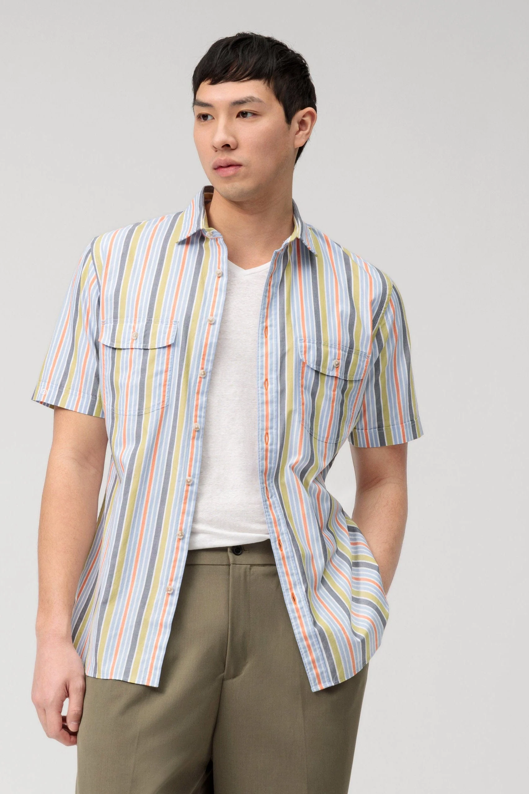 Casual Modern Fit Multi Stripe Short Sleeve Shirt - Green/Blue - Image 3