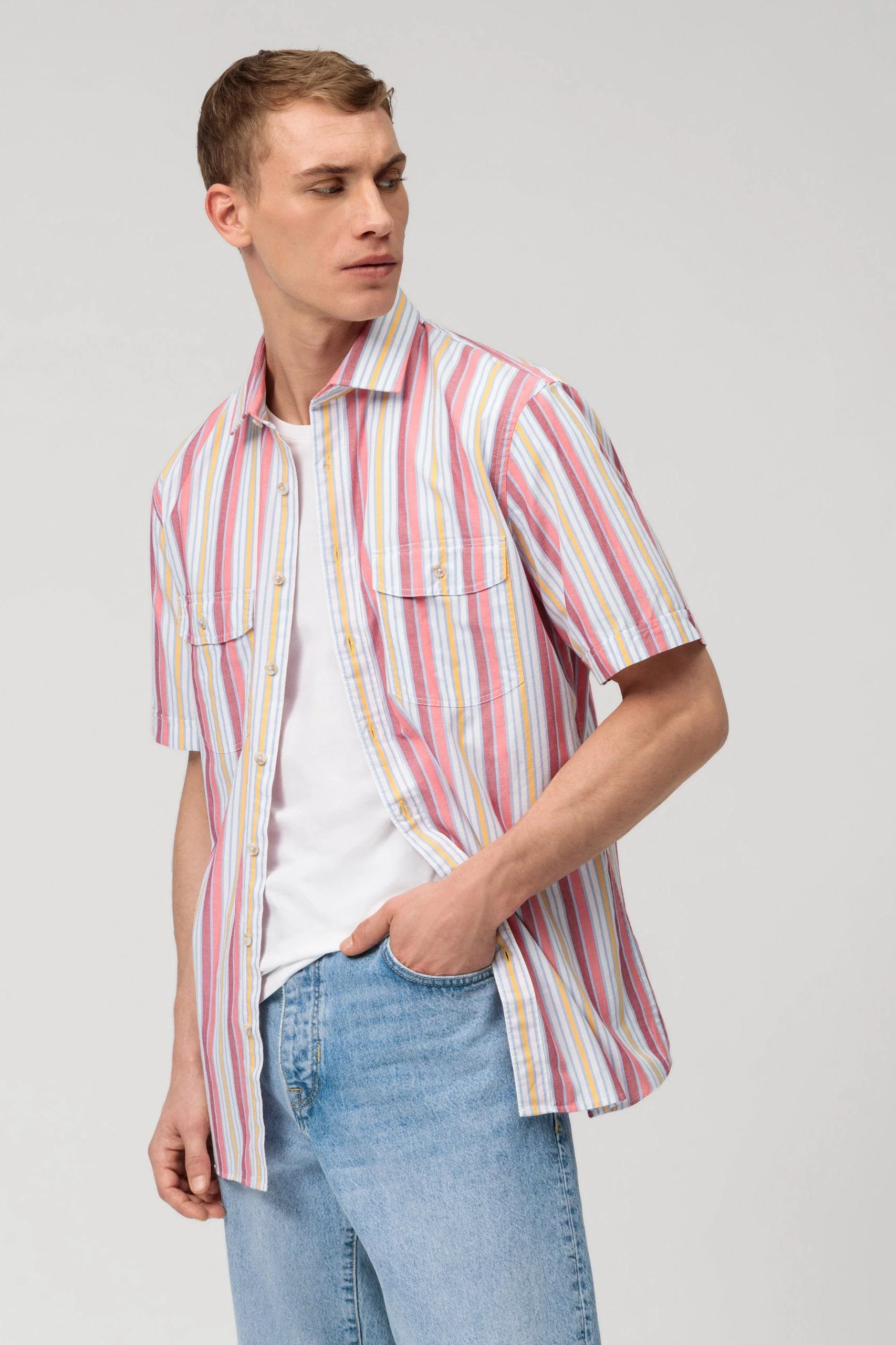 Casual Modern Fit Multi Stripe Short Sleeve Shirt - Red/Yellow - Image 3