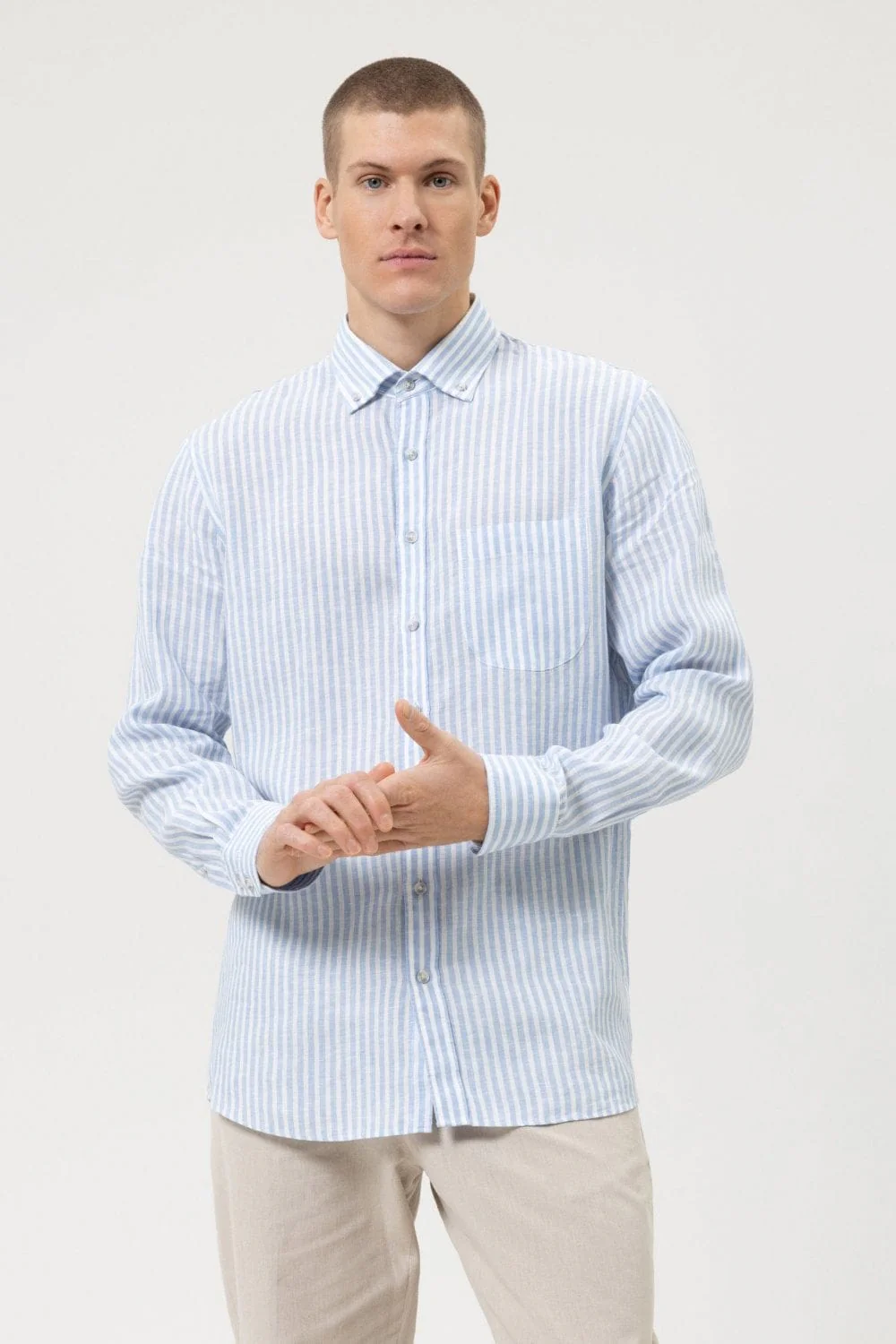 Casual Modern Fit Stripe Linen Shirt - Blue