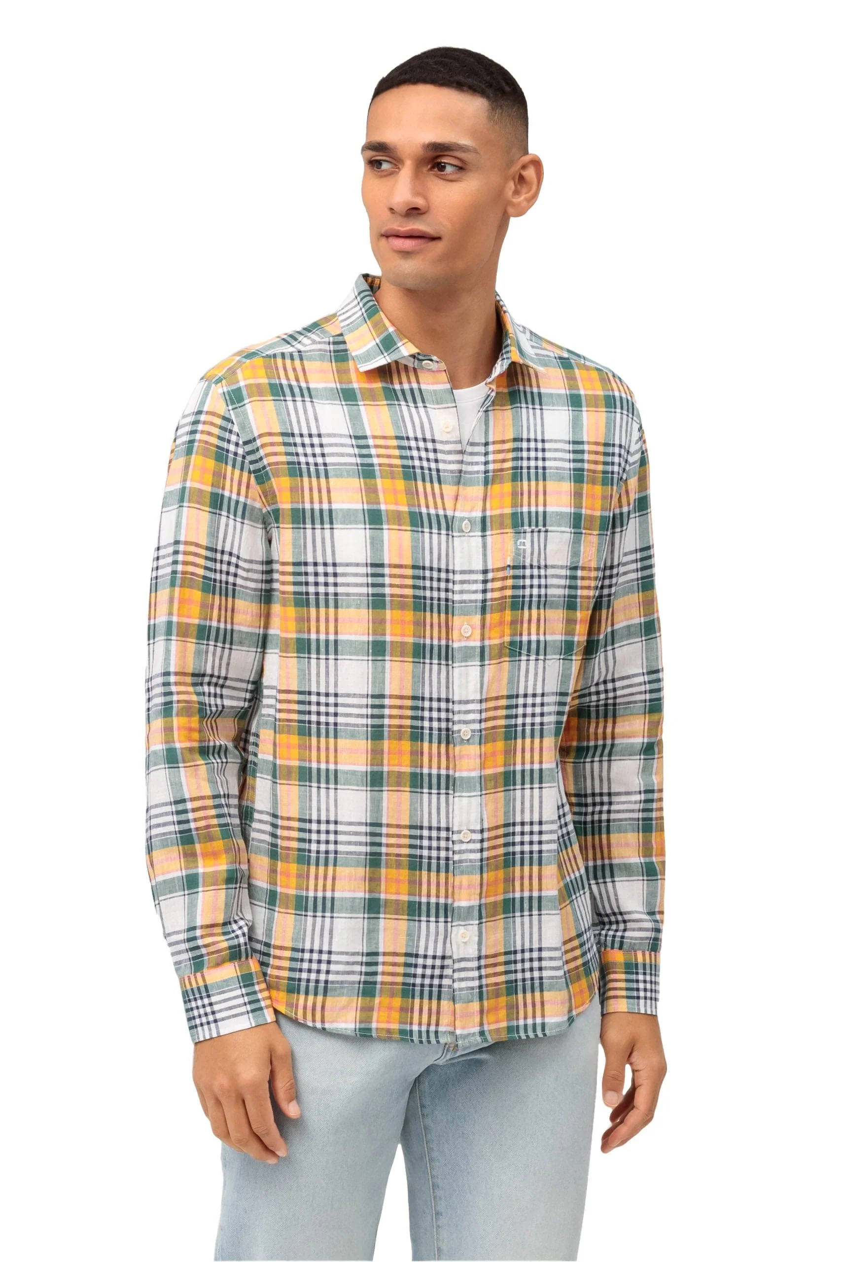Casual Regular Fit Linen Check Shirt - Green/Gold