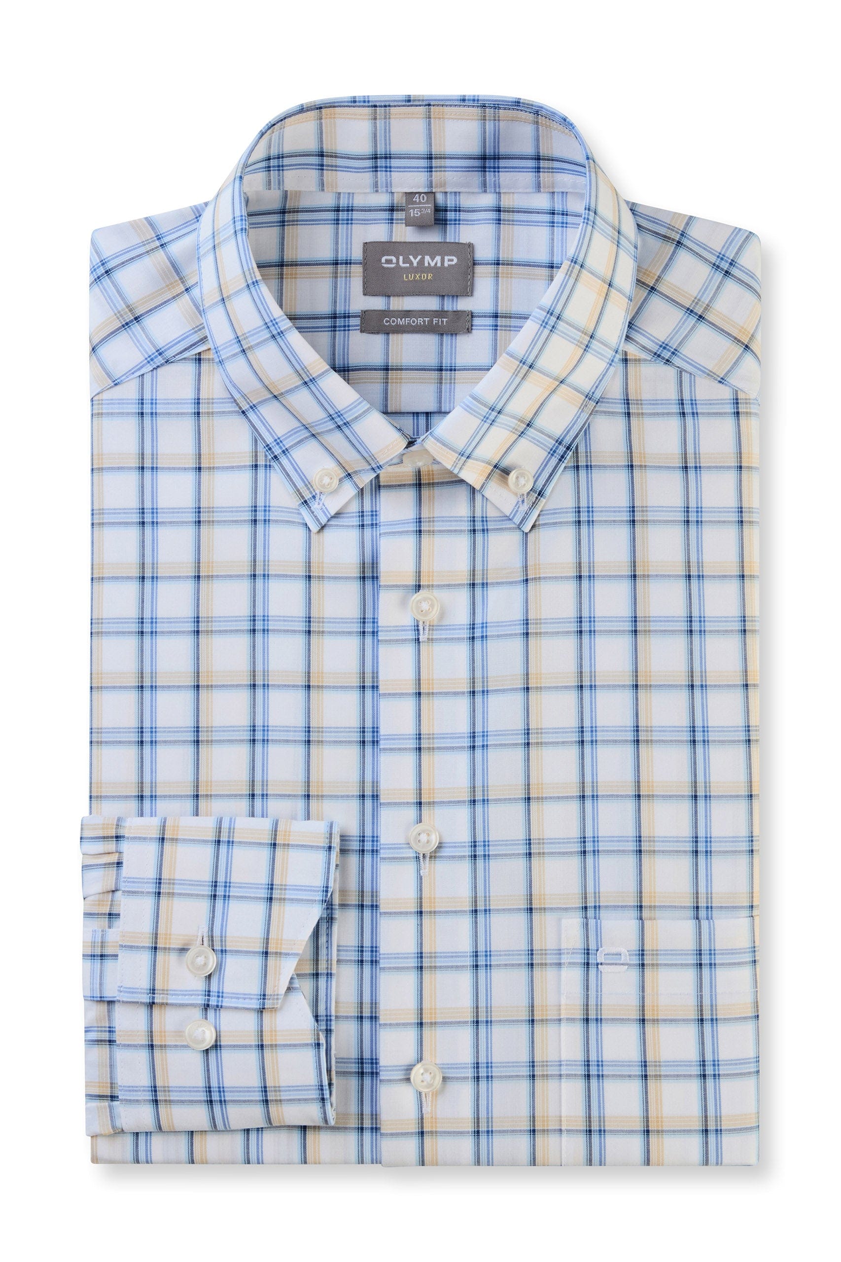 Luxor Comfort Fit Check Shirt with Button-Down Collar - Blue/Beige