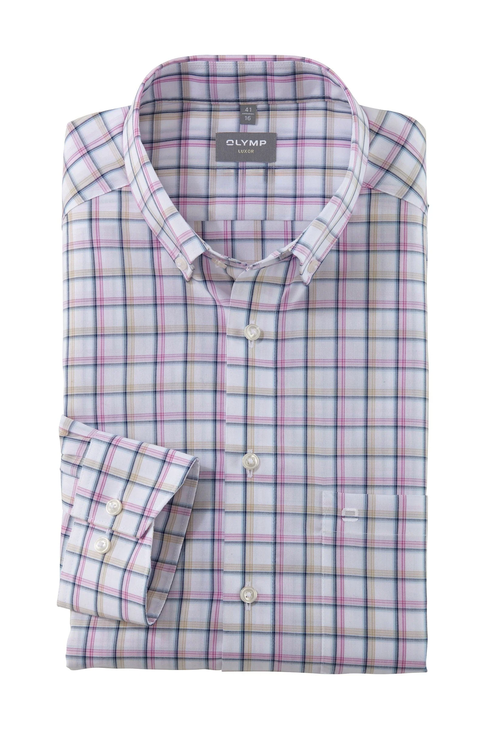 Luxor Comfort Fit Check Shirt with Button-Down Collar - Pink/Beige