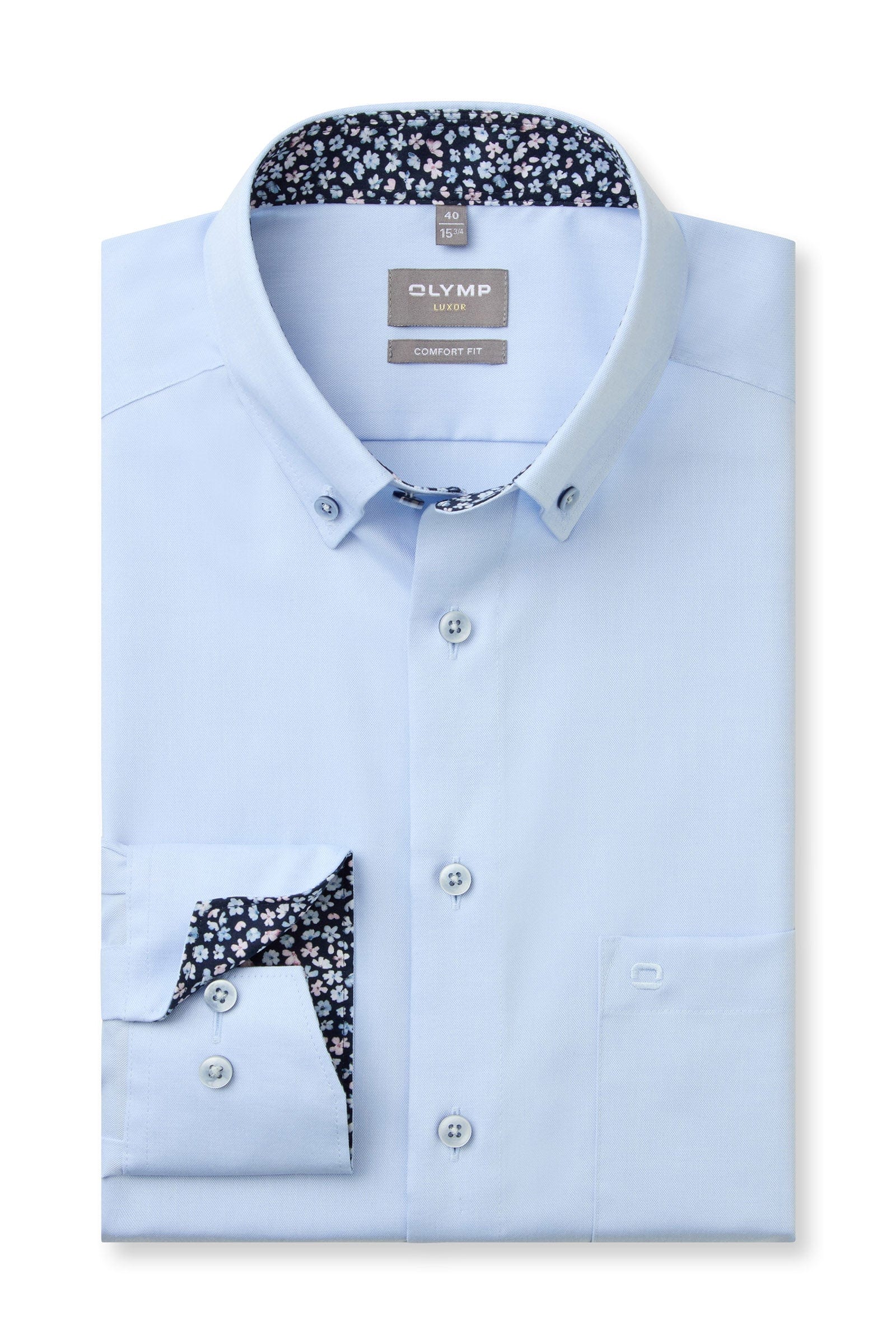 Luxor Comfort Fit Plain Button-Down Shirt with Trim - Blue