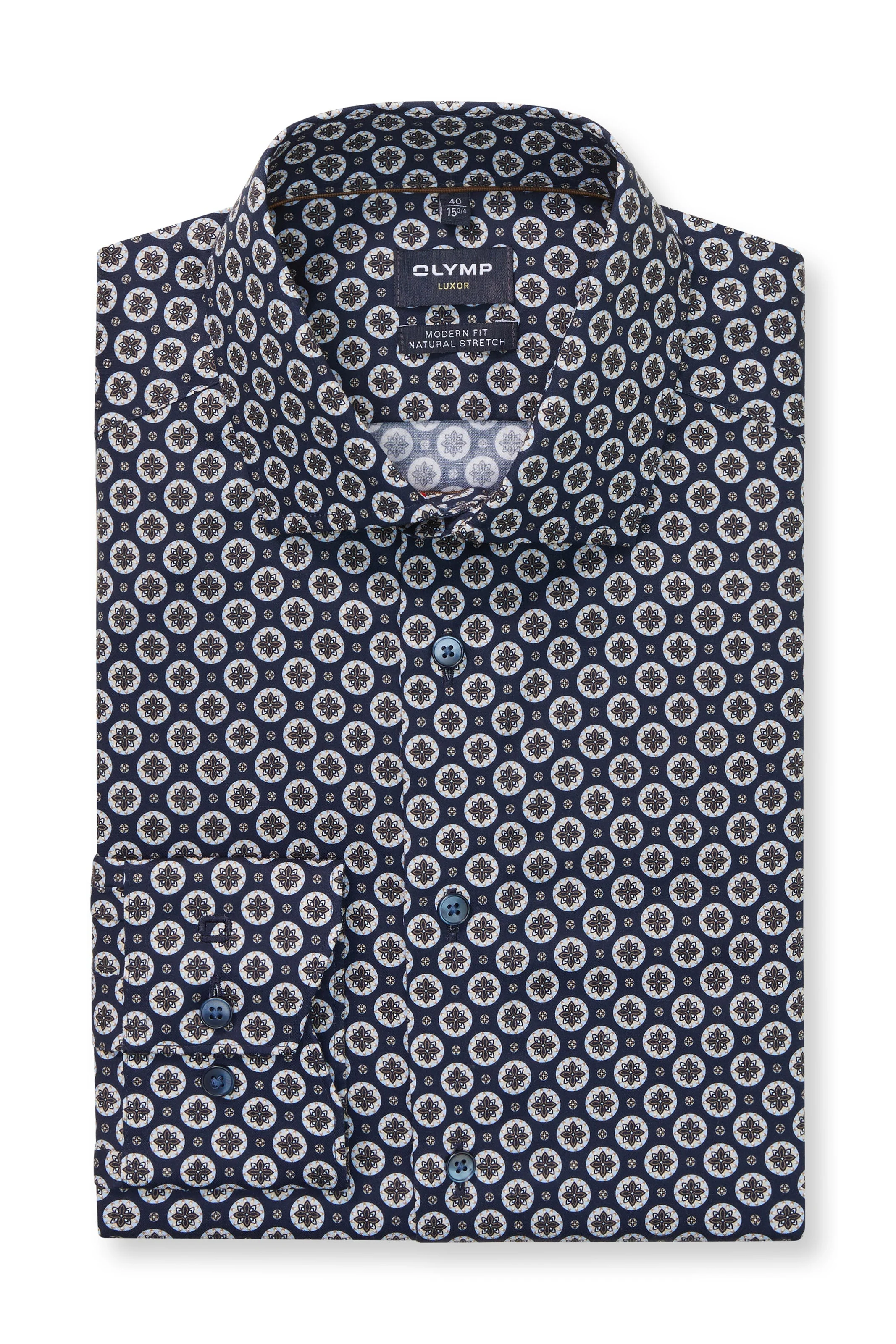 Luxor Modern Fit Tile Print Long Sleeve Shirt - Marine