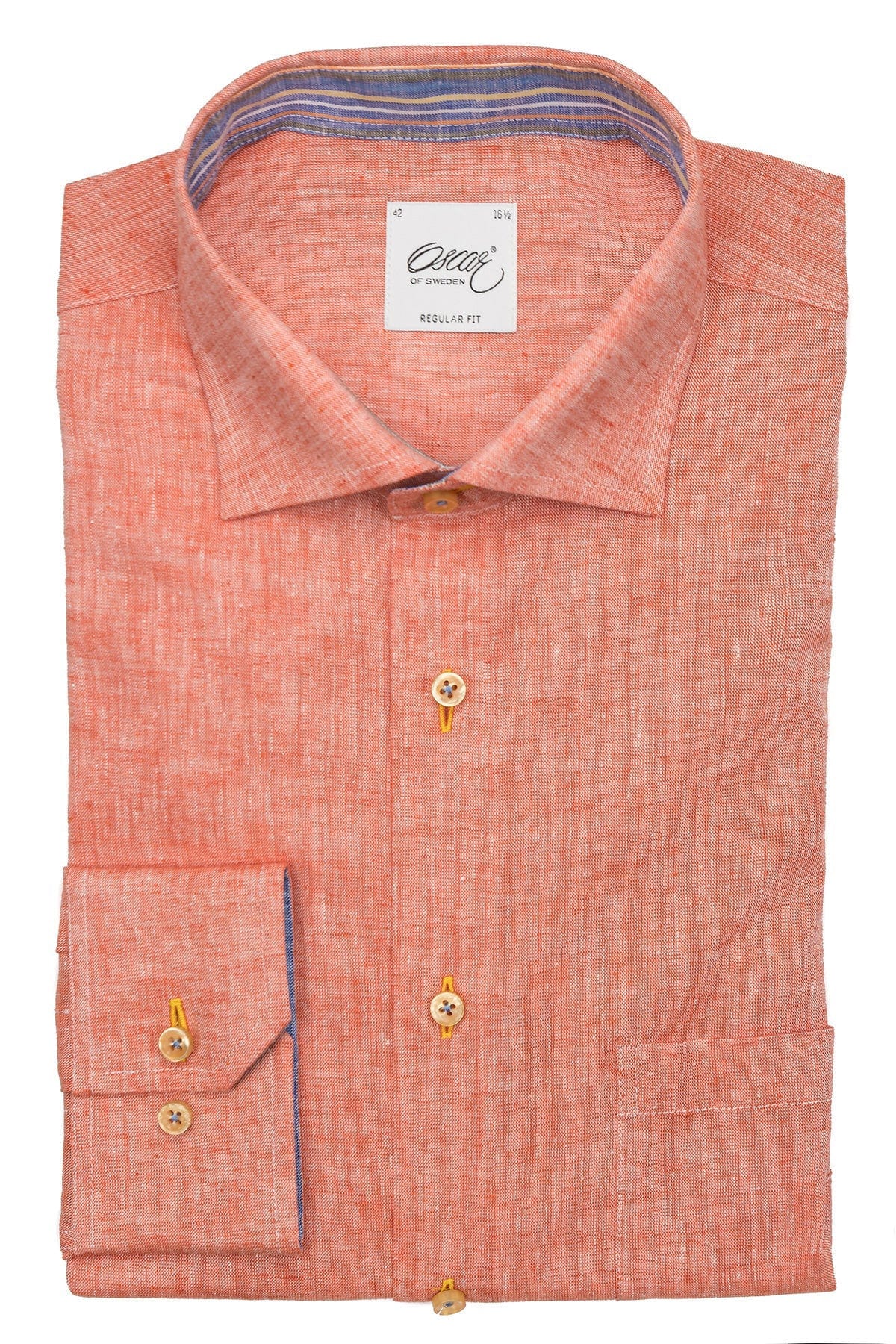 Plain Linen Blend Regular Fit Shirt - Orange