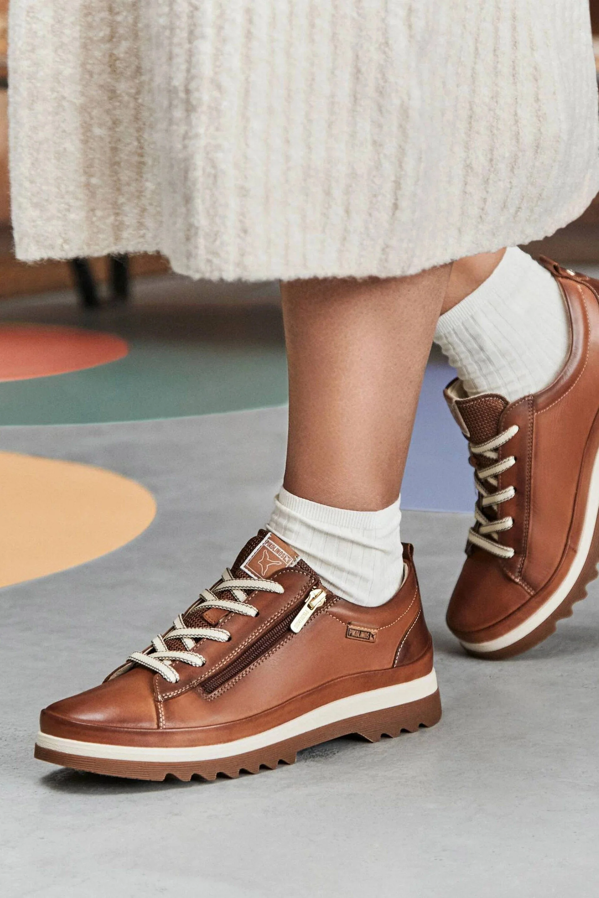 Vigo Leather Trainers with Lace and Zip - Brandy - Image 2