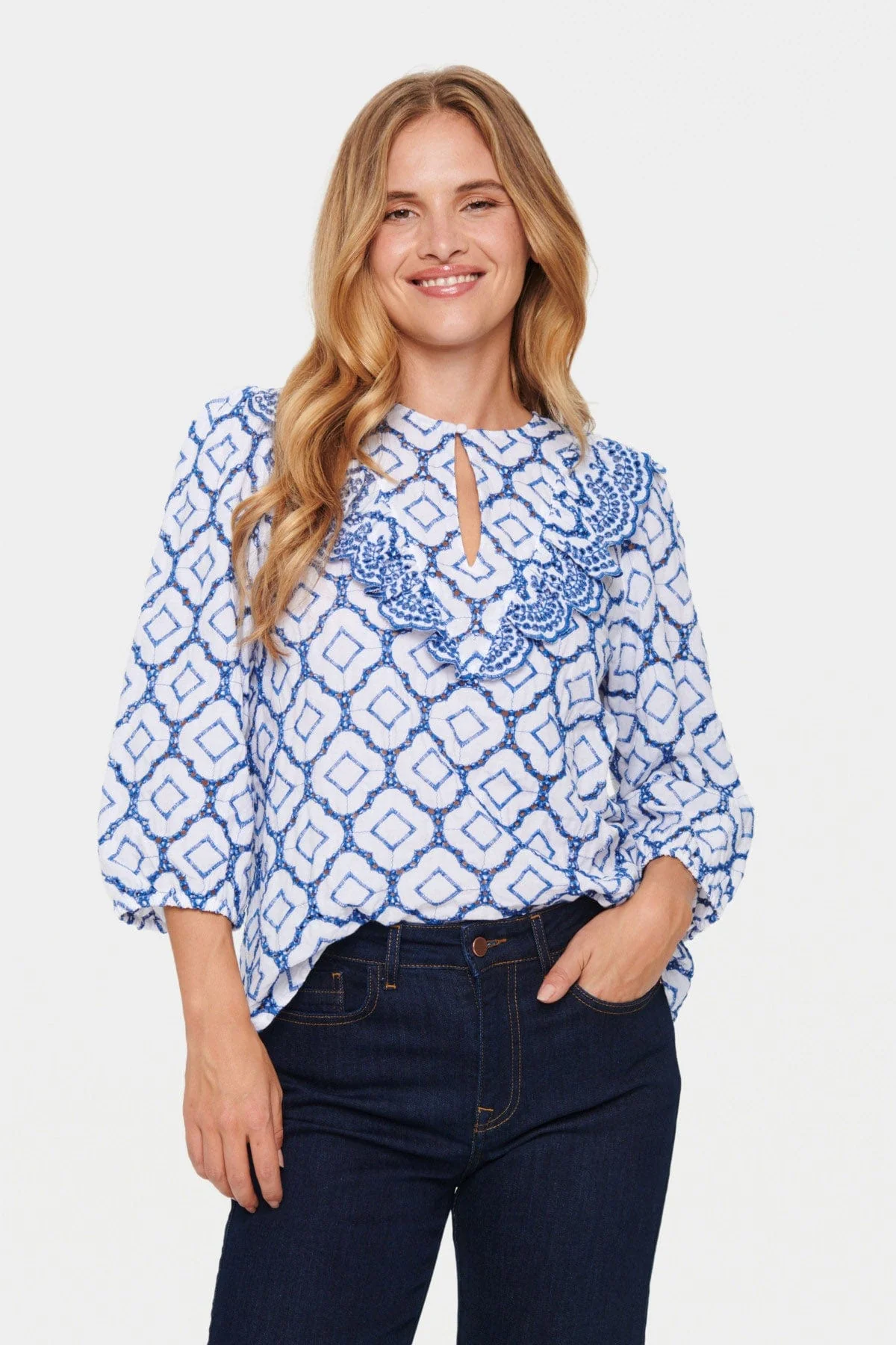 Ceze Broderie Anglaise Blouse - Dutch Blue/White - Image 3
