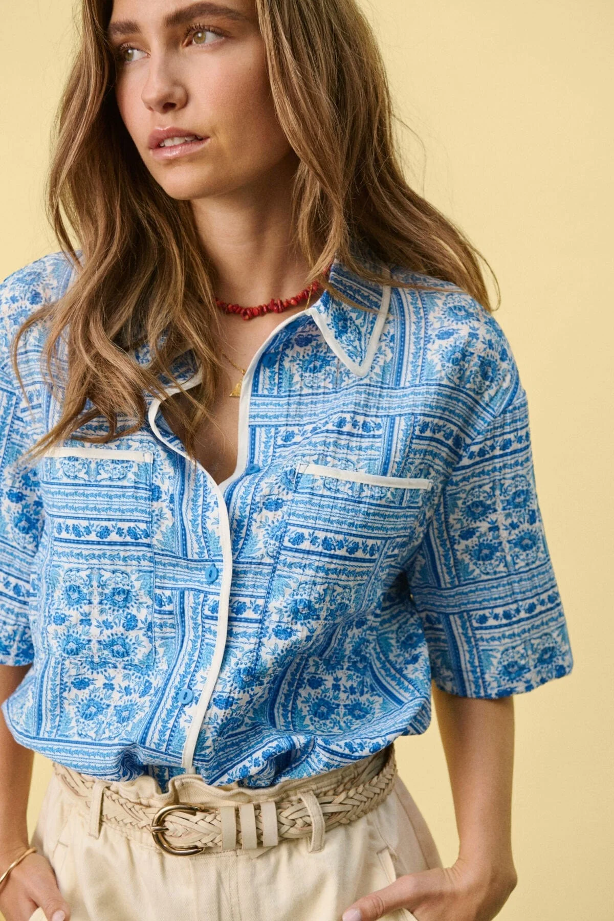 Kaisa Printed Short Sleeve Shirt - Campanula Paisley Squares - Image 3