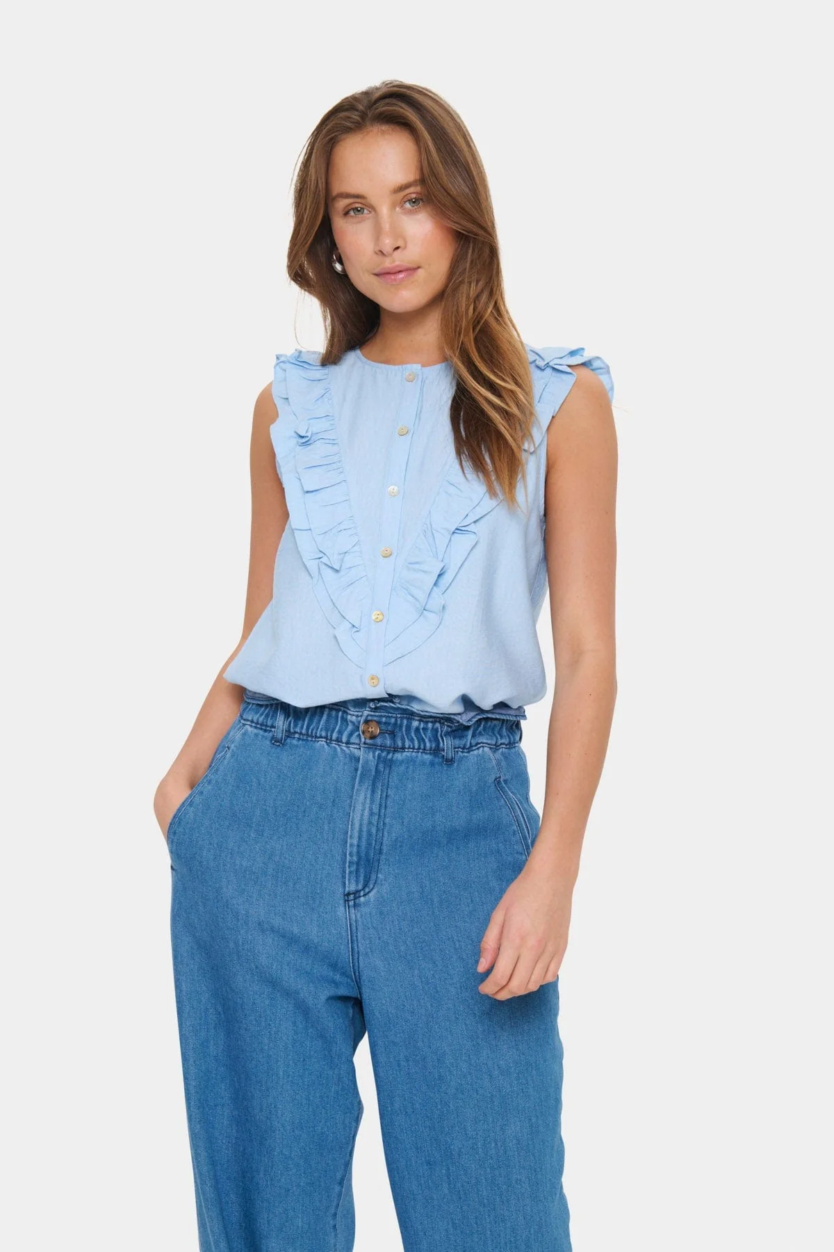 Klaudia Ruffle Detail Sleeveless Top - Chambray Blue - Image 3