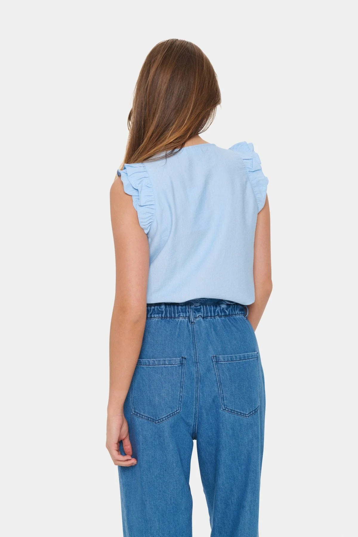 Klaudia Ruffle Detail Sleeveless Top - Chambray Blue - Image 4