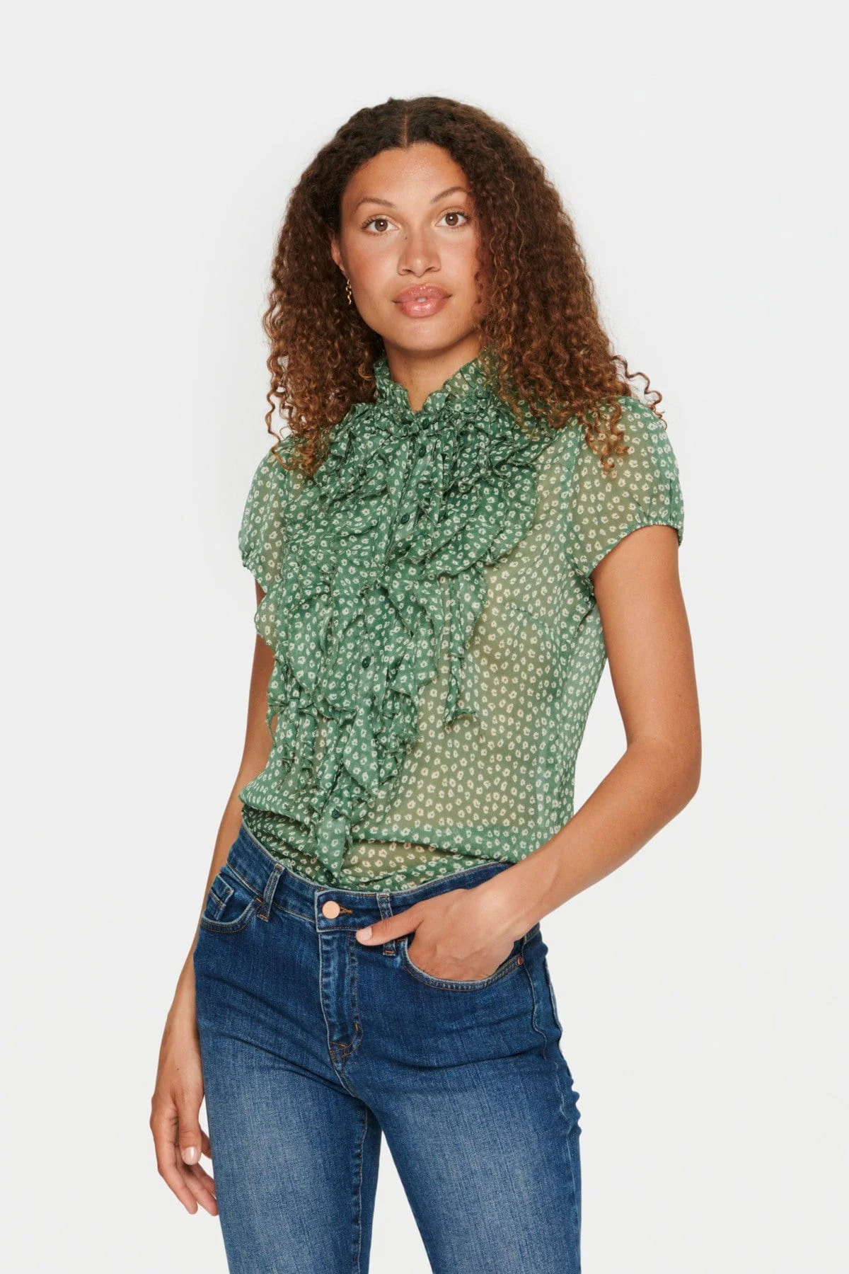 Lilja Ruffle Detail Blouse - Dark Forest Mini Flower Shadow - Image 2