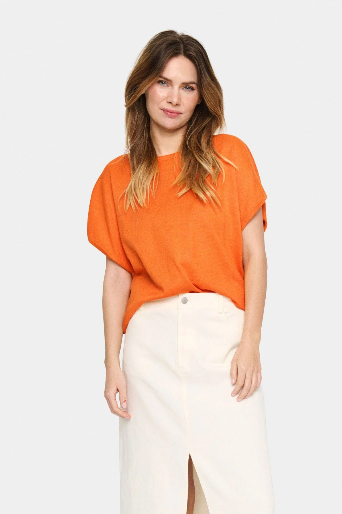 Mila Round Neck Short Sleeve Jumper - Apricot Melange - Image 2