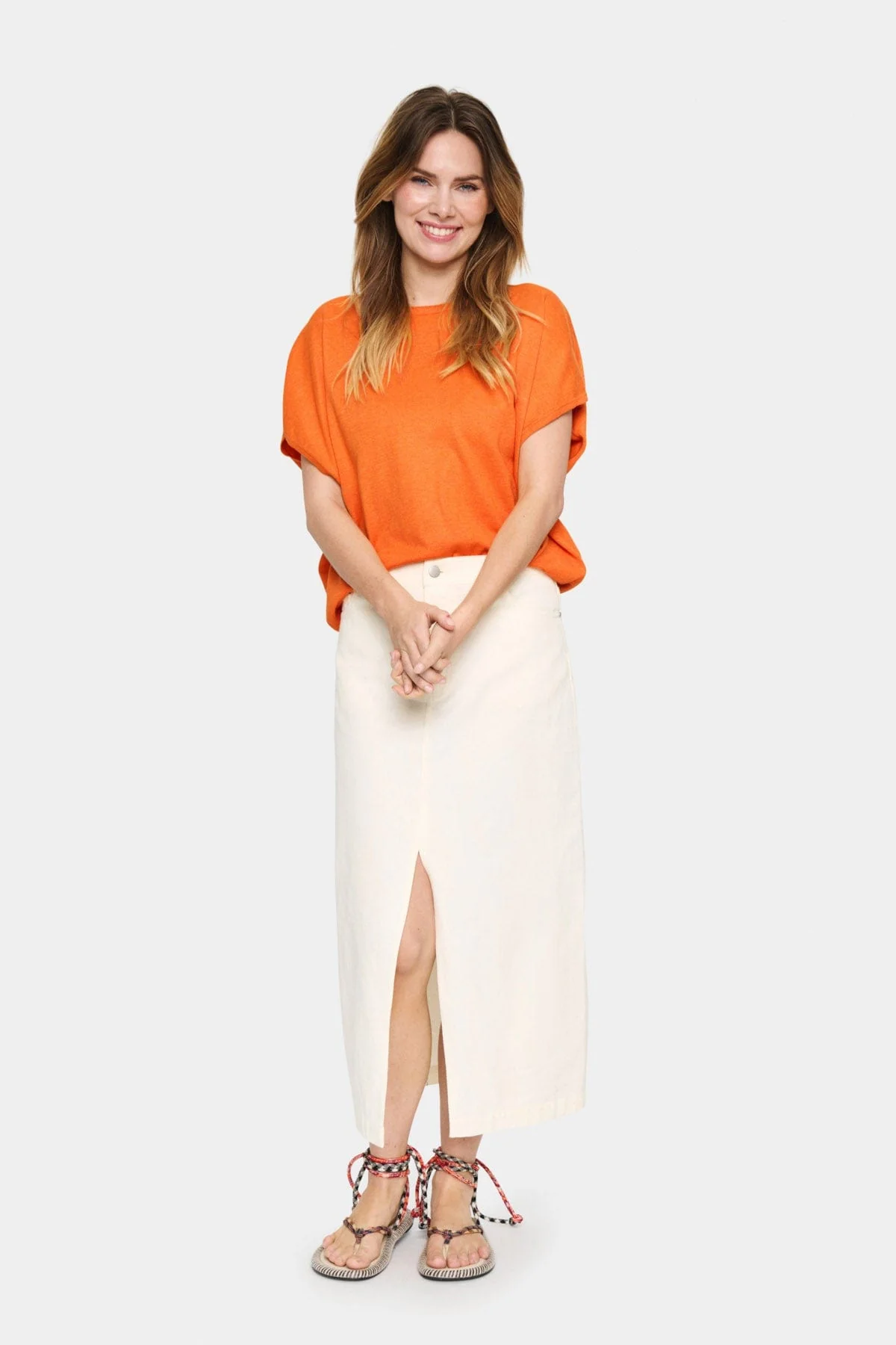 Mila Round Neck Short Sleeve Jumper - Apricot Melange - Image 5