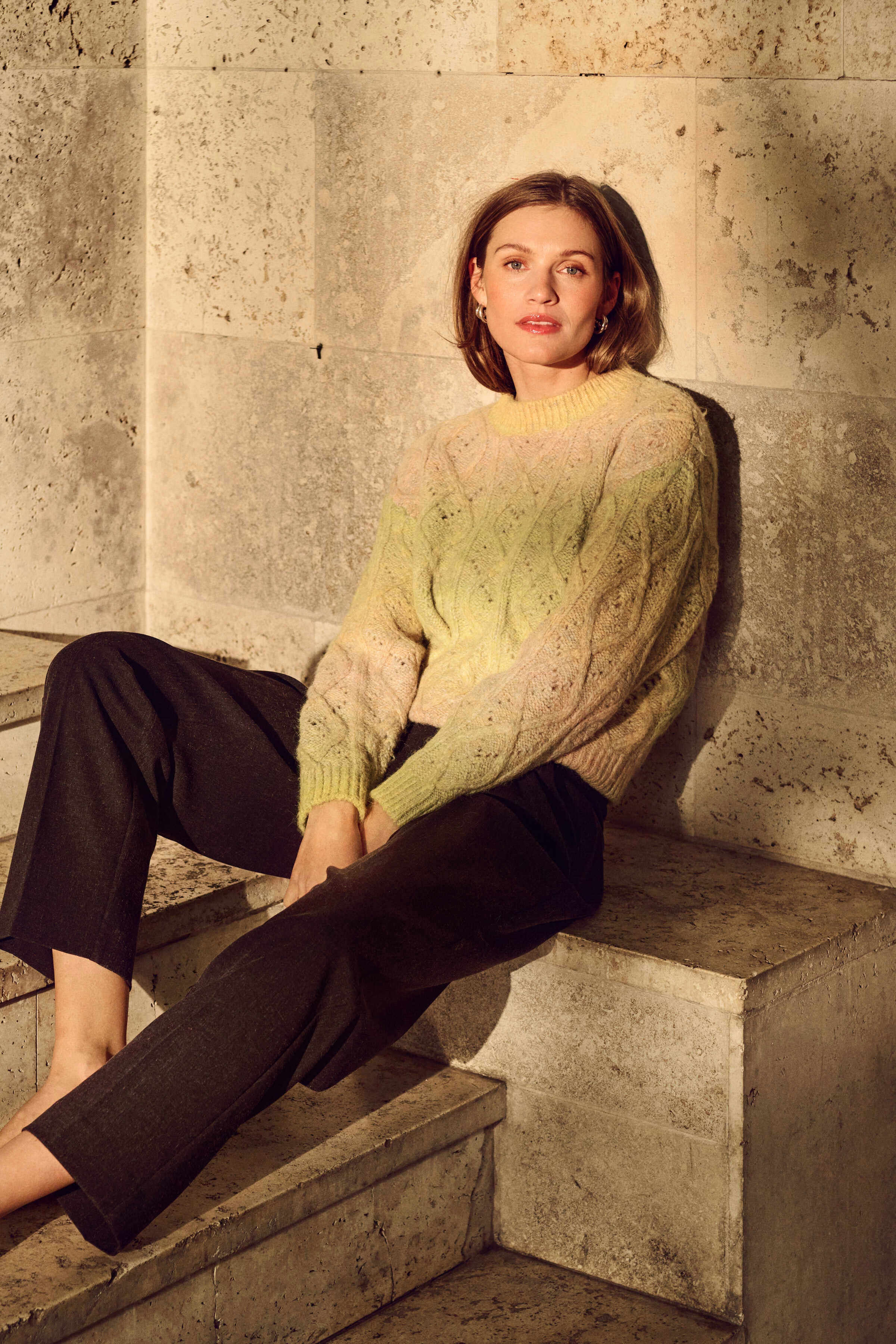 Morgan Diamond Knit Jumper - Misted Yellow Melange - Image 2