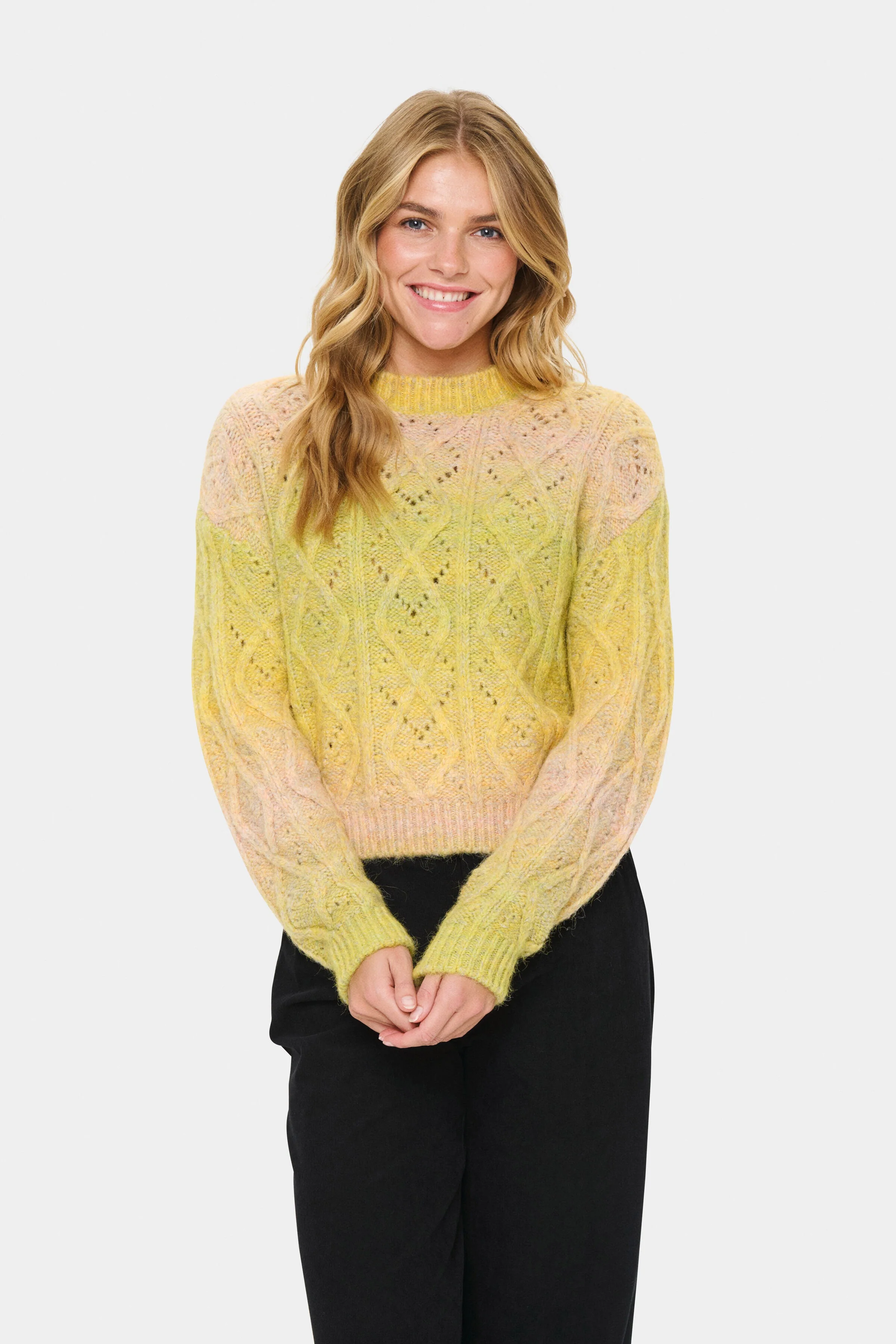 Morgan Diamond Knit Jumper - Misted Yellow Melange - Image 3