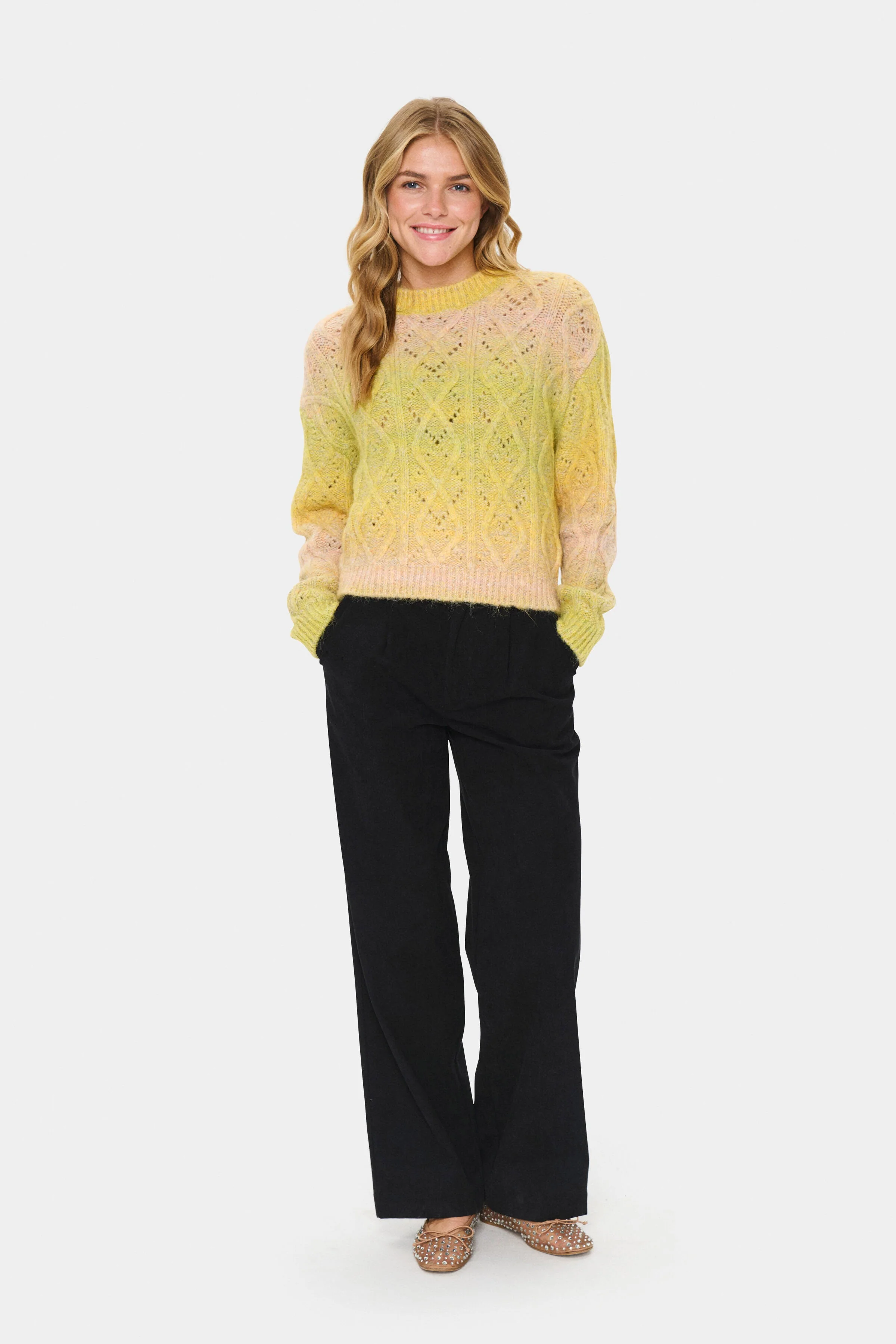 Morgan Diamond Knit Jumper - Misted Yellow Melange - Image 6