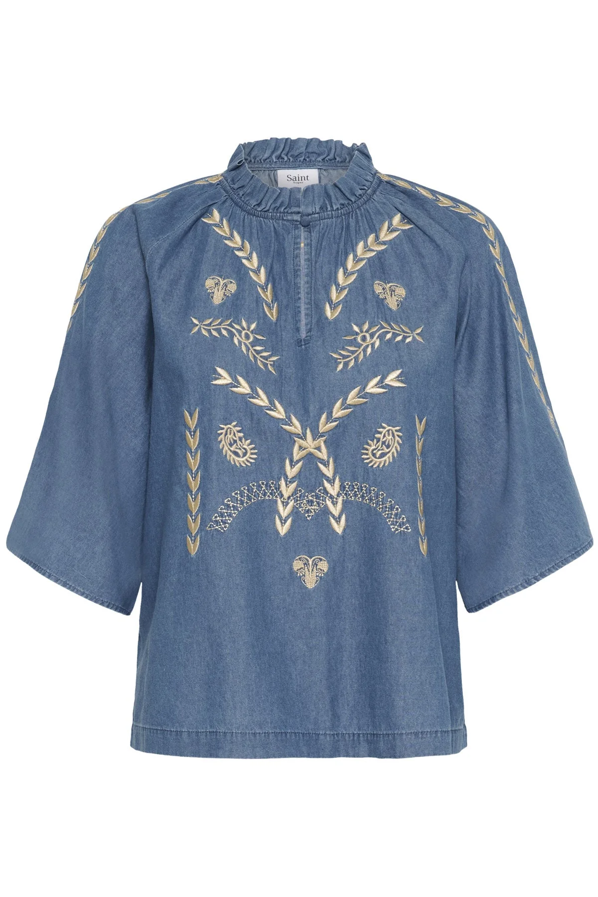 Onaya Embroidered Blouse - Medium Blue Denim