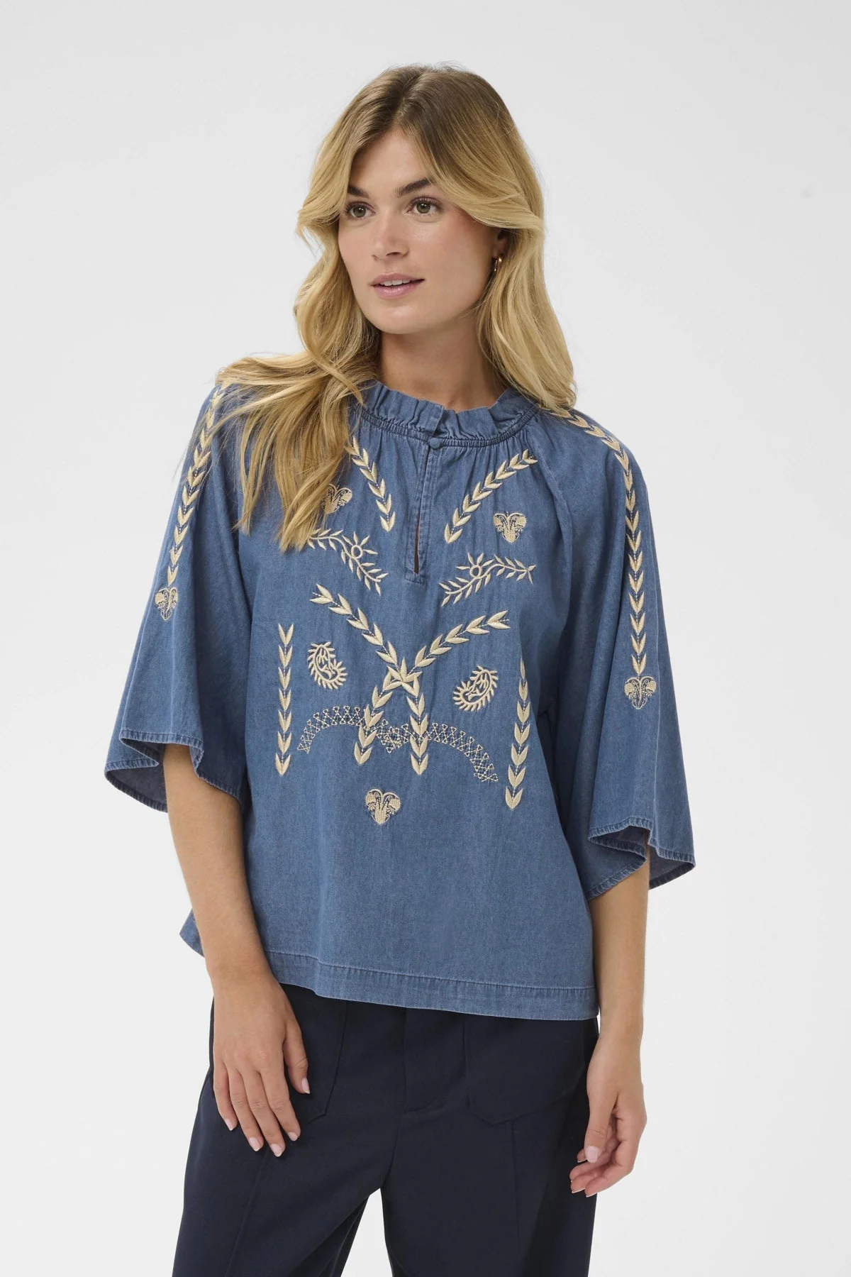 Onaya Embroidered Blouse - Medium Blue Denim - Image 2