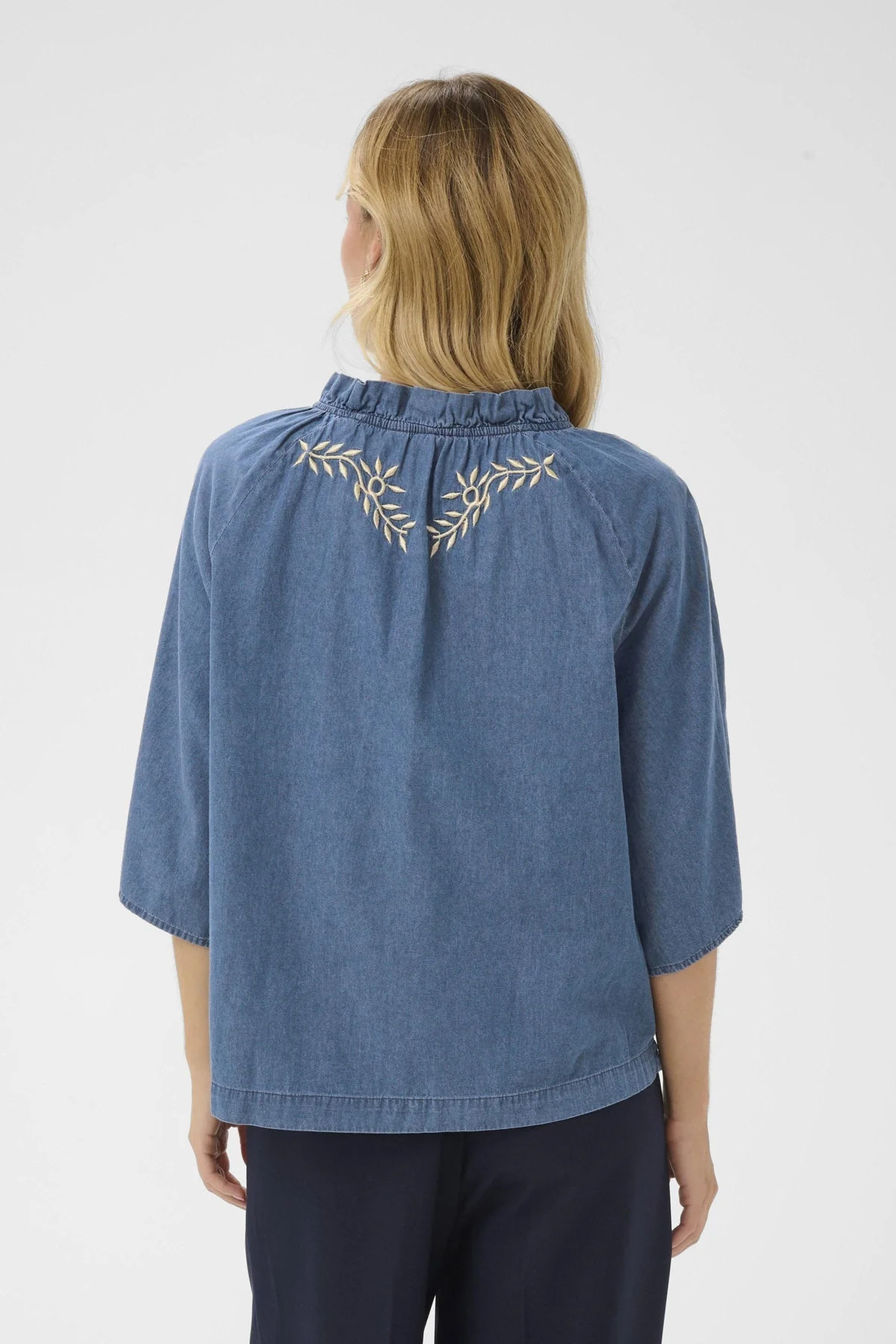 Onaya Embroidered Blouse - Medium Blue Denim - Image 3