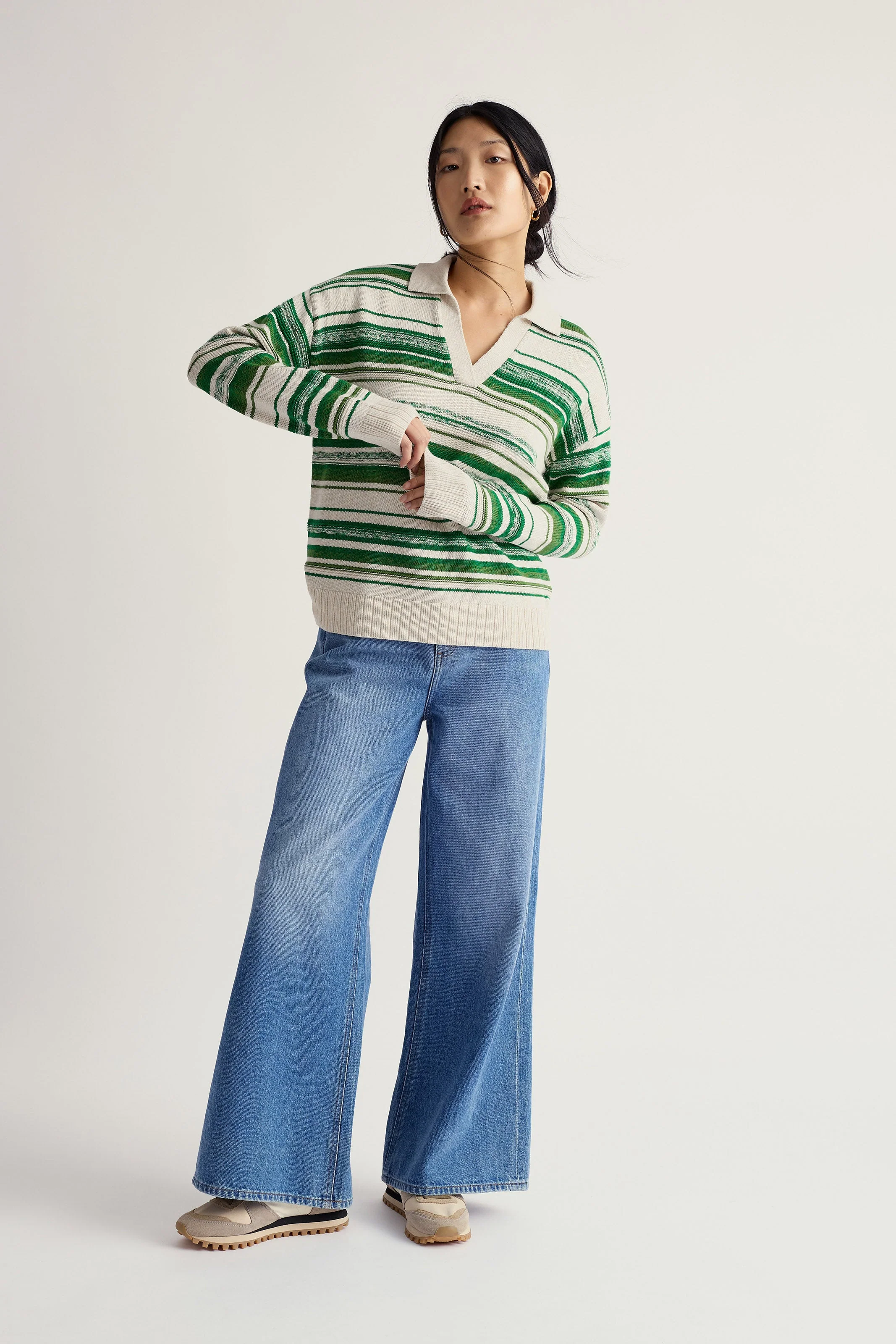 Bird Flight V-Neck Collared Jumper - Corula Chalk Bright Green - Image 4