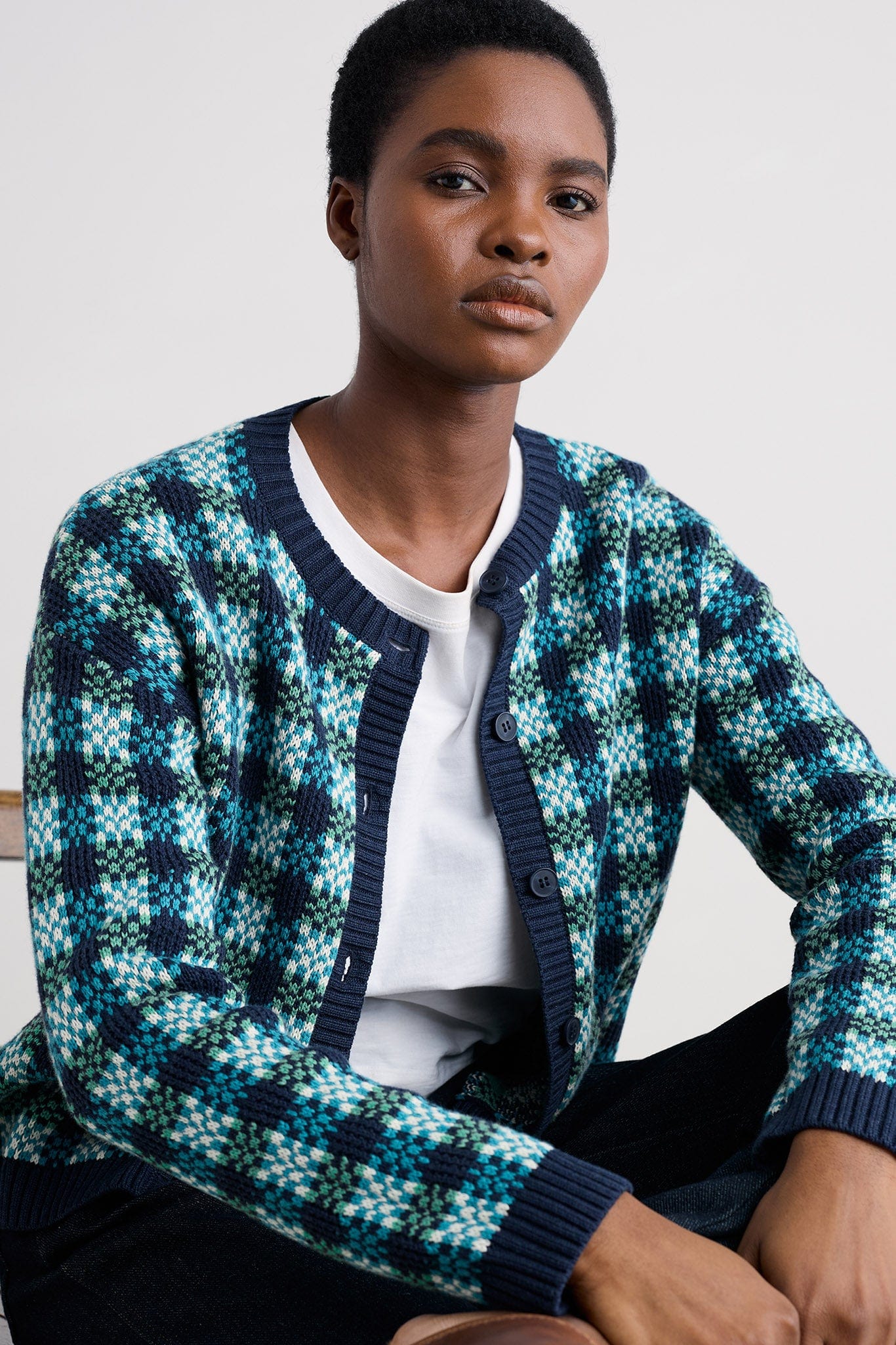 Kensa Organic Cotton Checked Cardigan - Circlet Maritime Emulsion - Image 3