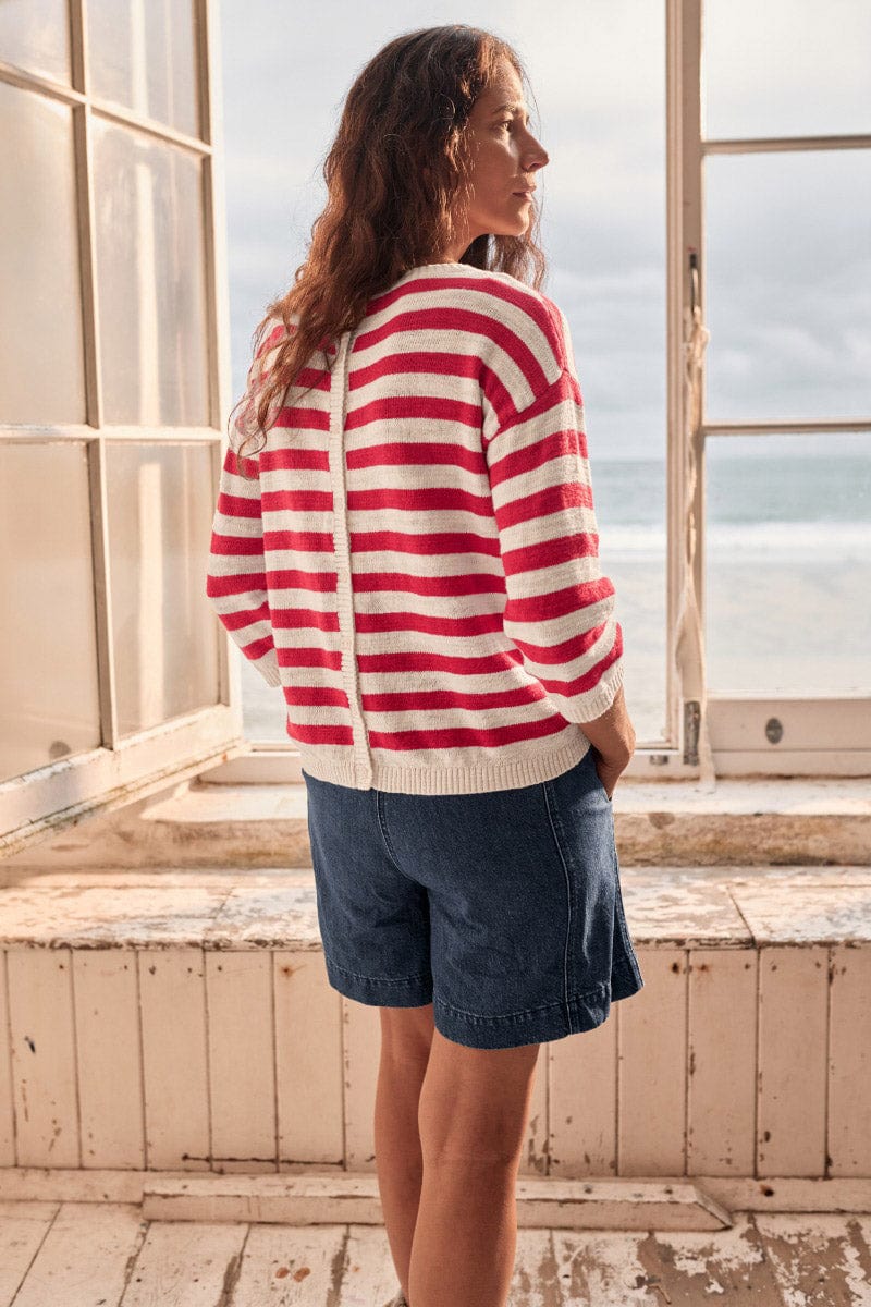 Knavock Striped Jumper - Cornish Chalk Scarlet - Image 2