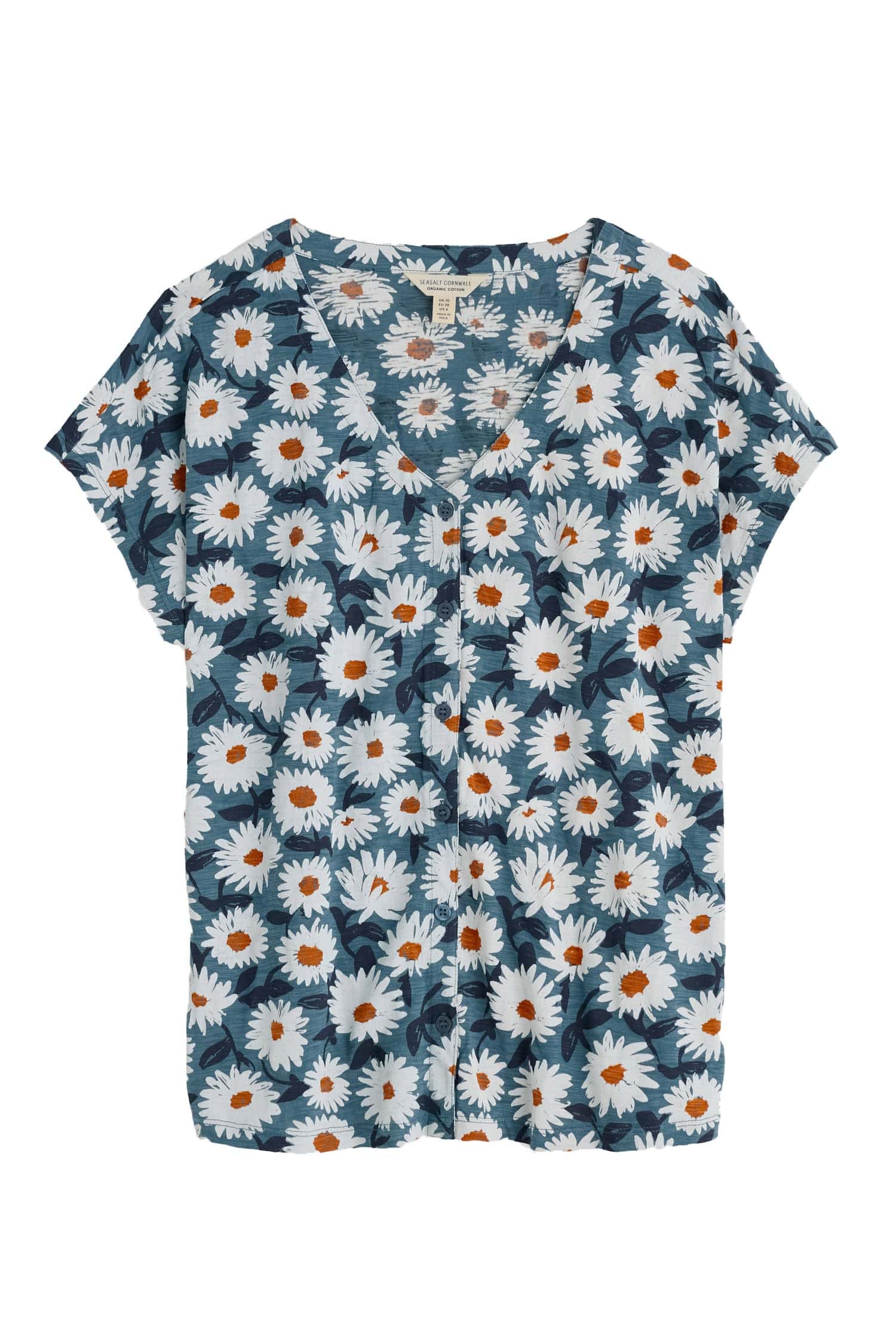 Studio Glass V-Neck Jersey Top - Arty Daisy Dusky Jade