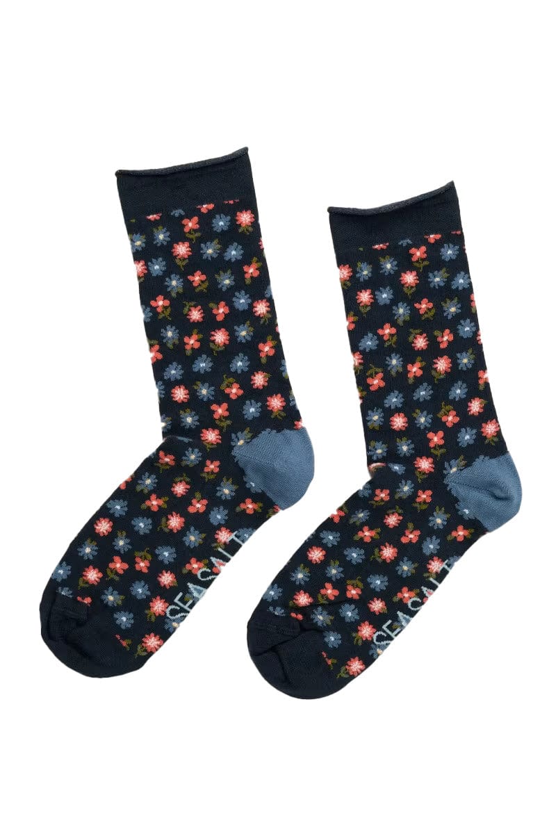Womens Organic Cotton Arty Socks - Botanical Ditsy Light Squid