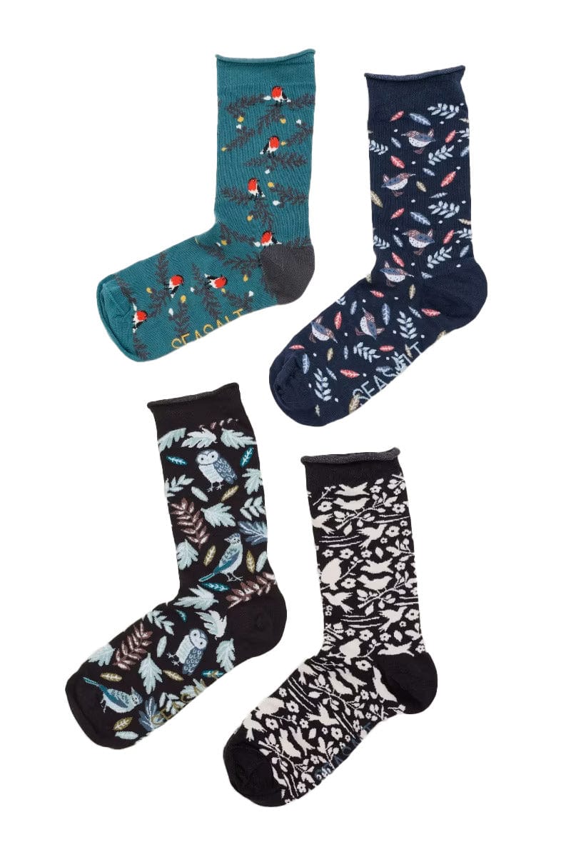 Women's Sailor Socks Box of 4 - Birds Redstart Mix