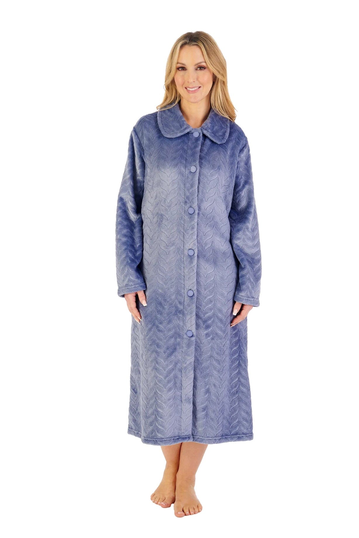 Embossed Pattern Fleece 46 Inch Button Fleece Housecoat - Grey - Image 2