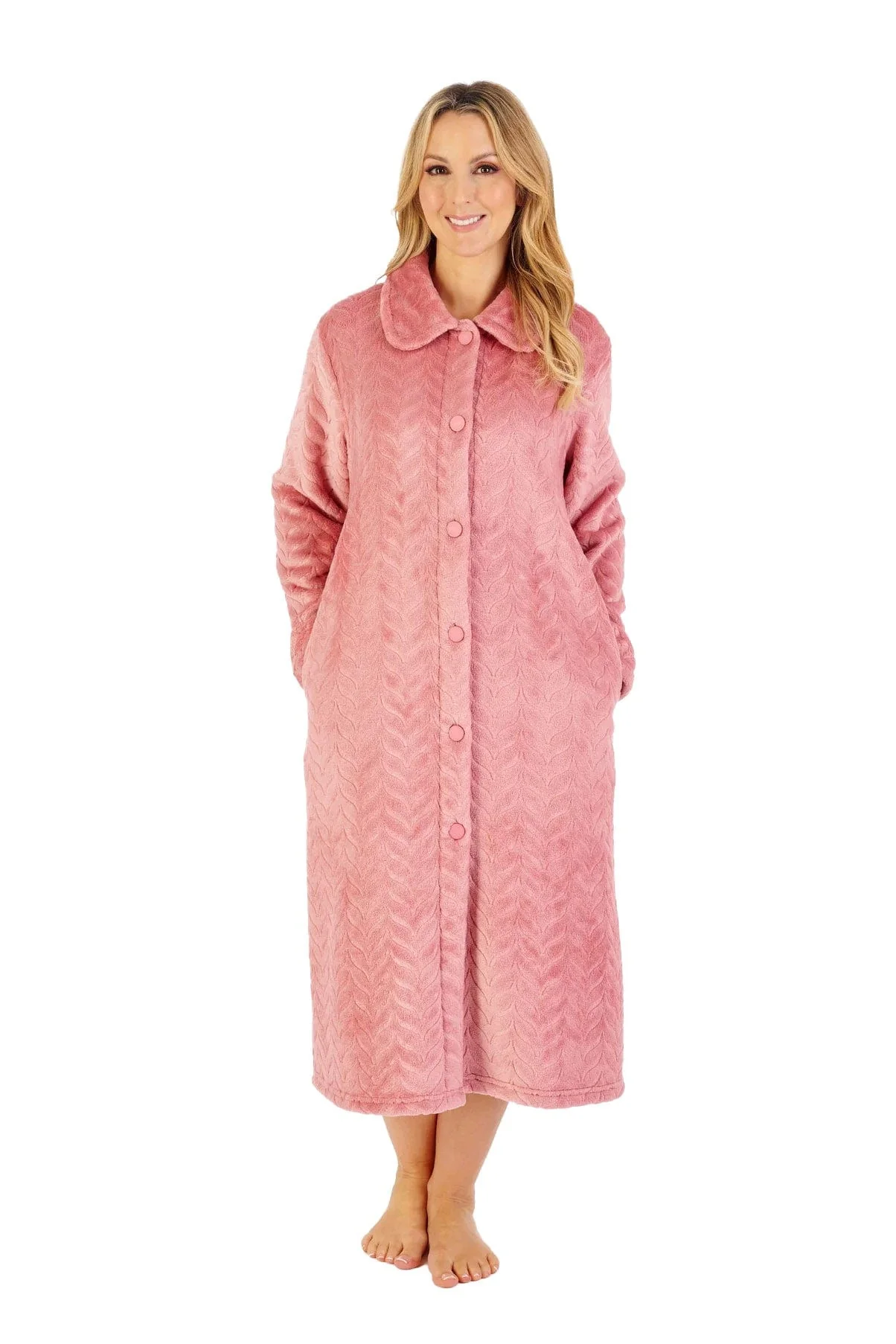 Embossed Pattern Fleece 46 Inch Button Fleece Housecoat - Pink